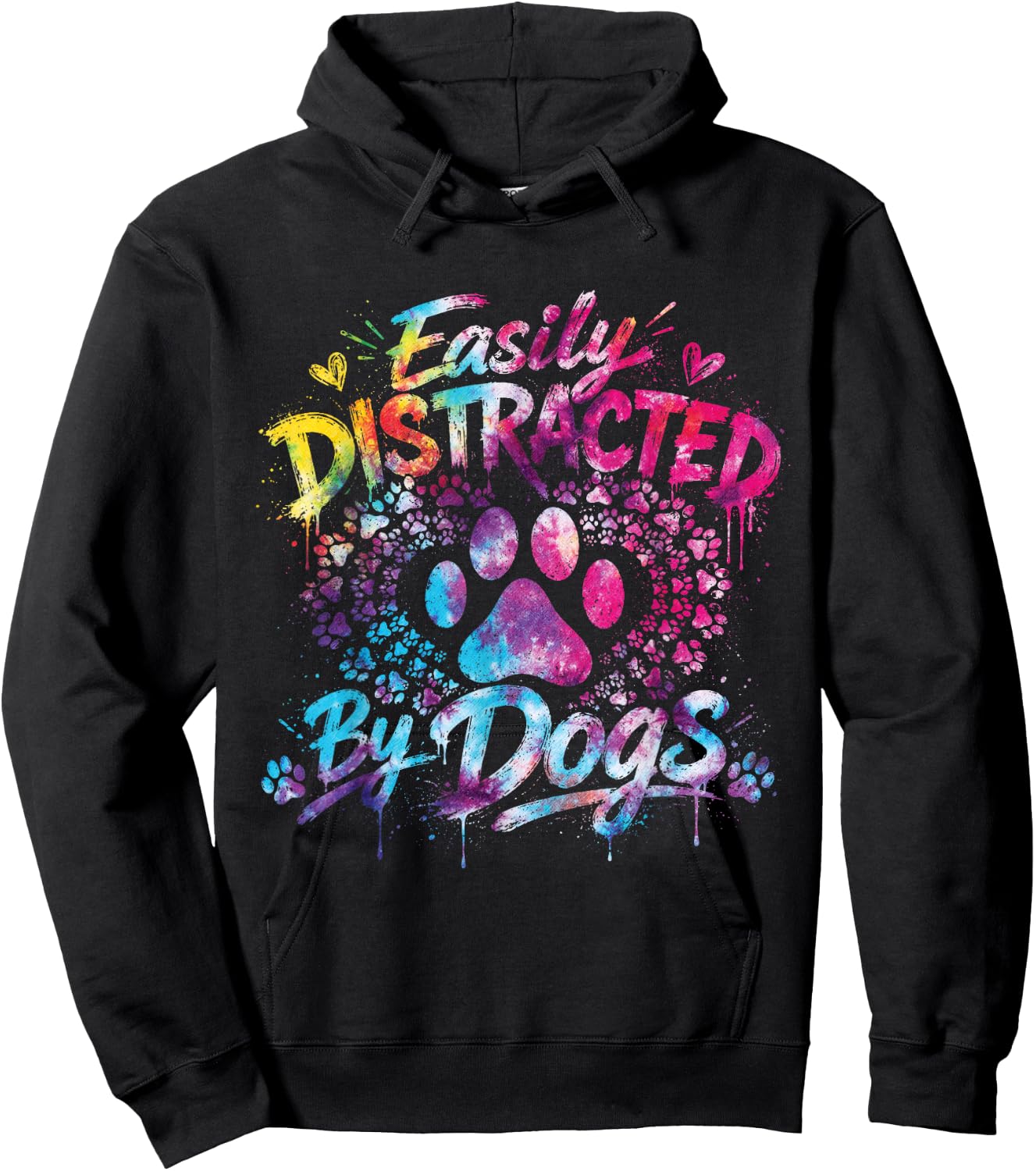 Easily Distracted By Dogs Tie Dye Dog Lover Paw Print Hoodie - Hoodie | Black