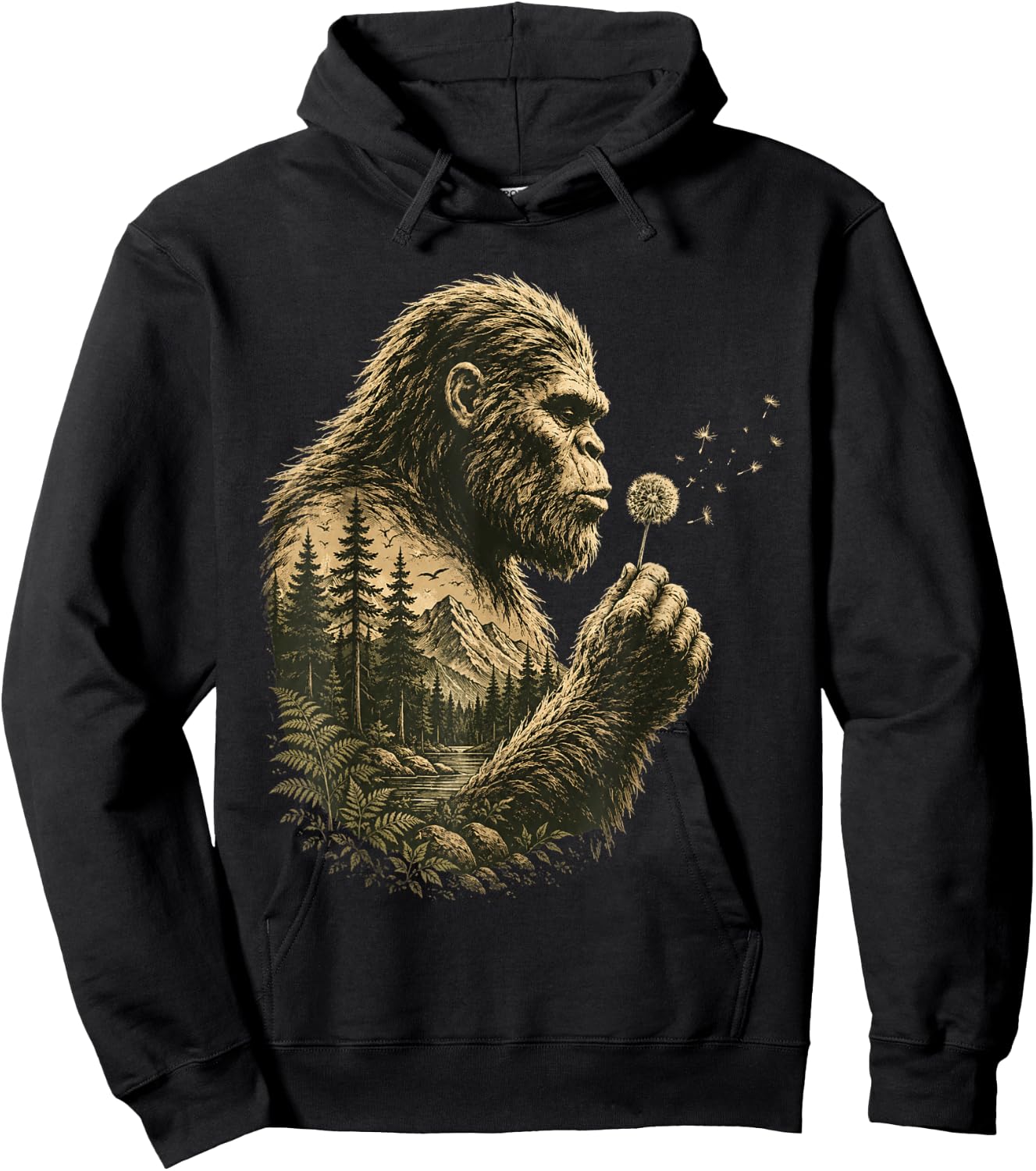 Bigfoot Blowing Dandelion Vintage Sasquatch Nature Men Women Hoodie - Hoodie | Black