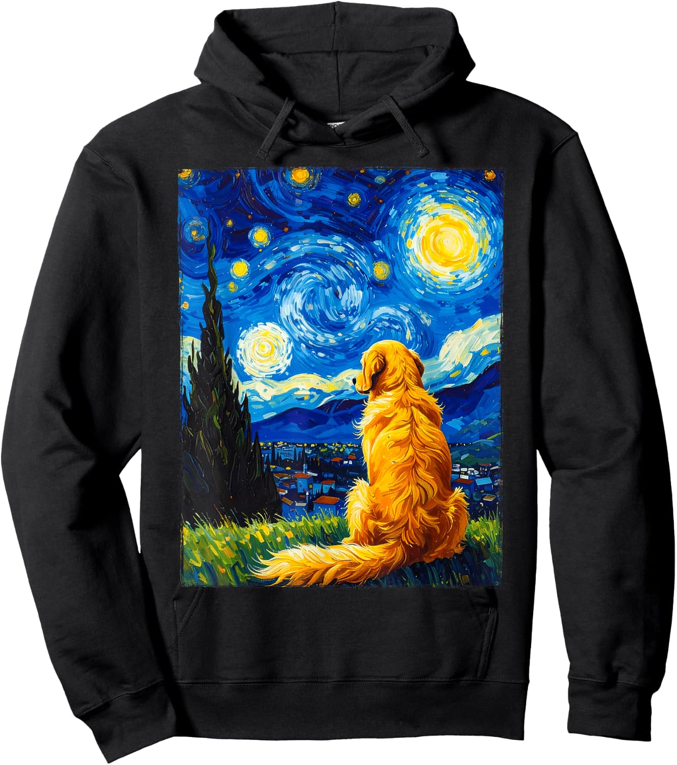 Van Gogh Starry Night Painting Golden Retriever Dog Hoodie - Hoodie | Black