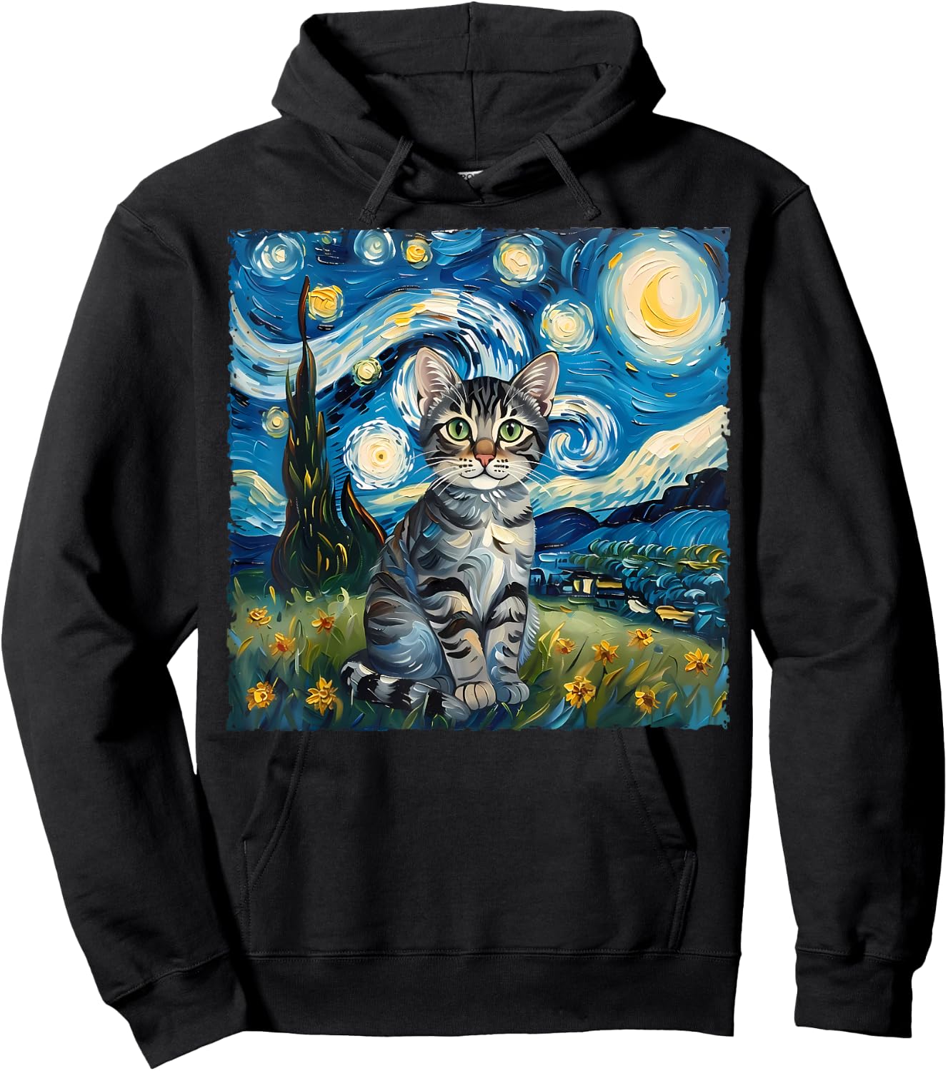 Van Gogh Style Funny Gray Tabby Tiger Cat Lover Starry Night Hoodie - Hoodie | Black
