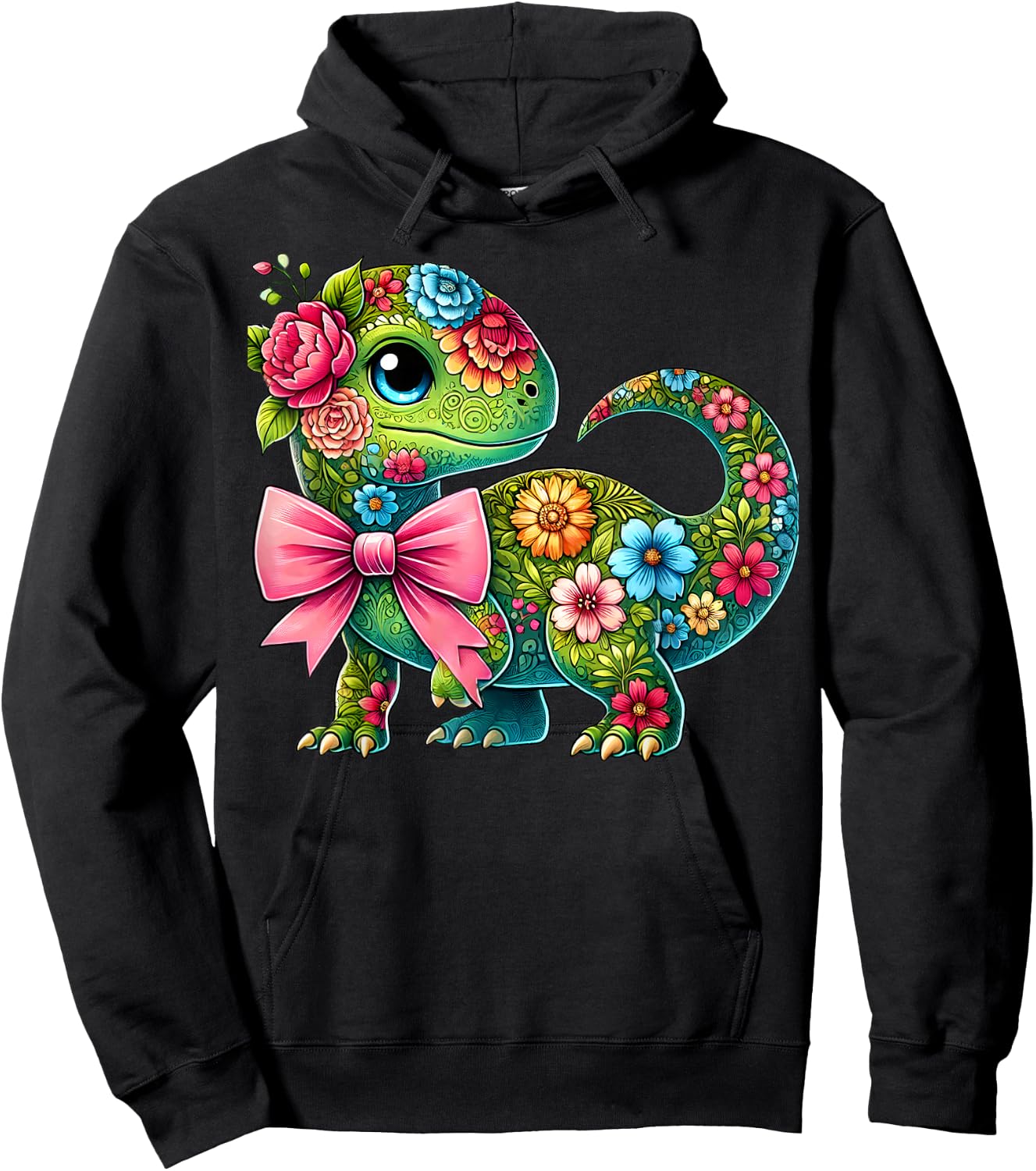Floral Dinosaur Flower Cute Coquette Bow Graphic Women Girls Hoodie - Hoodie | Black
