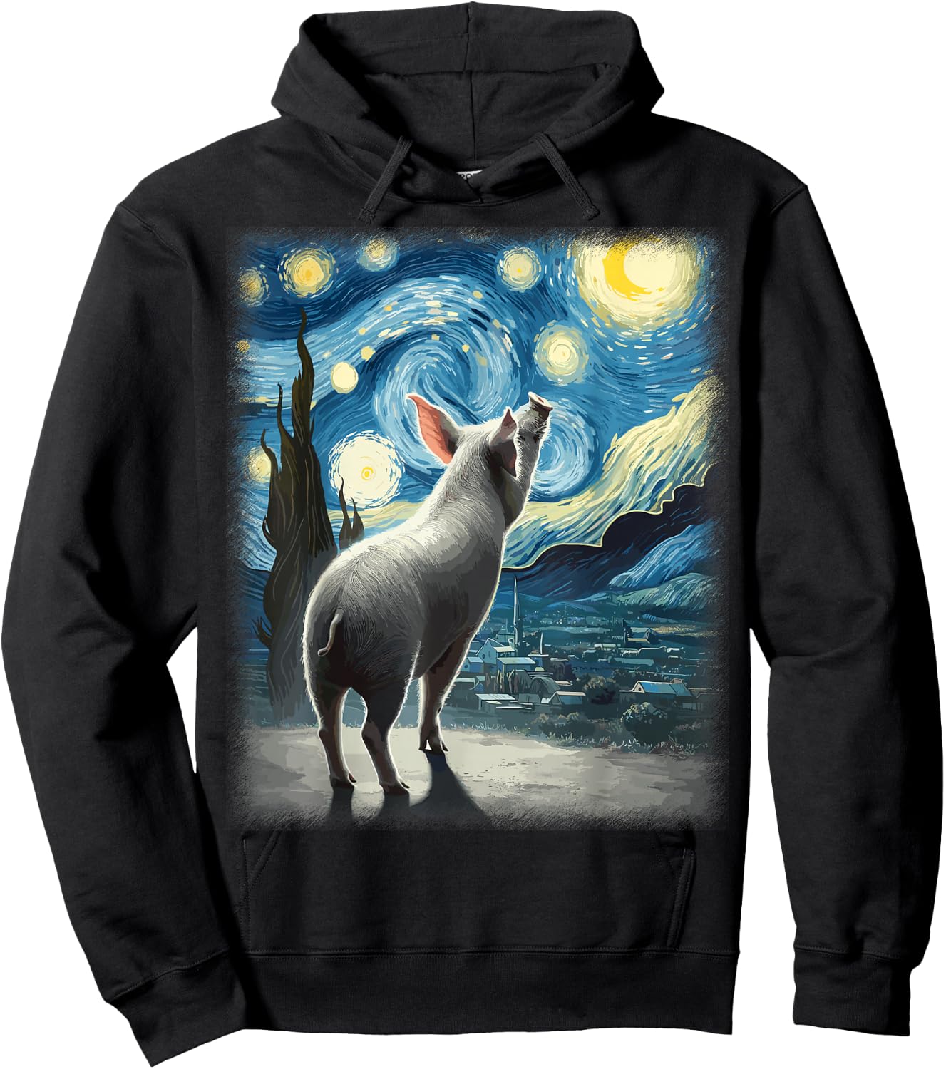 Pig Star Gazer - Artistic Van Gogh Style Starry Night Pig Hoodie - Hoodie | Black