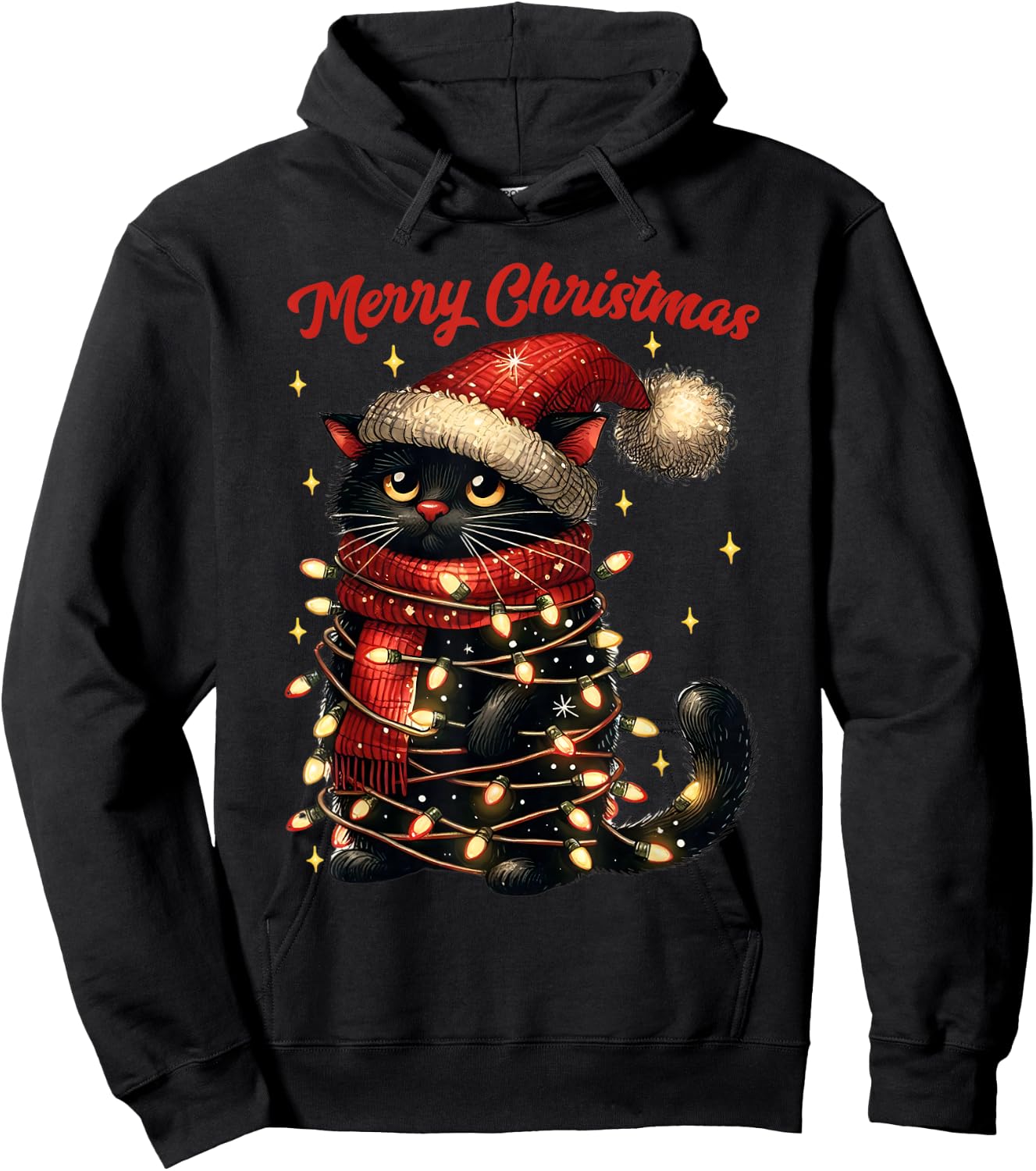 Christmas Outfit Cat with Christmas Lights Christmas , black Hoodie - Hoodie | Black