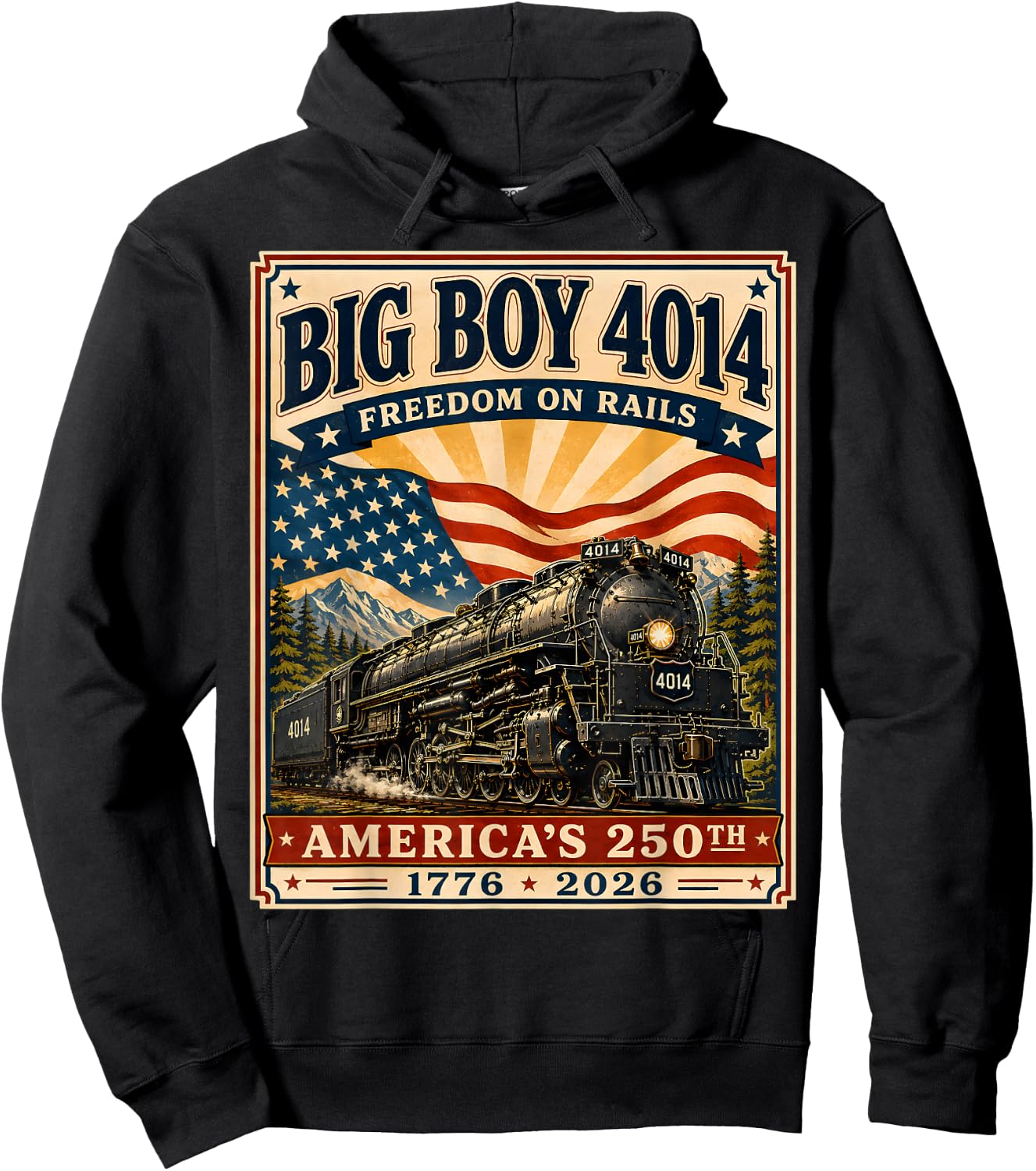250th Anniversary USA Big Boy 4014 Train Vintage US Flag Hoodie - Hoodie | Black