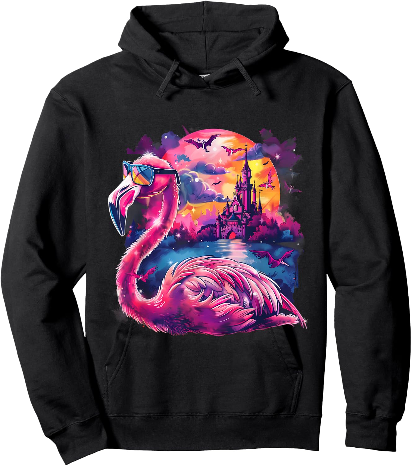 Halloween Flamingo Bats Haunted Castle Trick Or Treat Moon Hoodie - Hoodie | Black