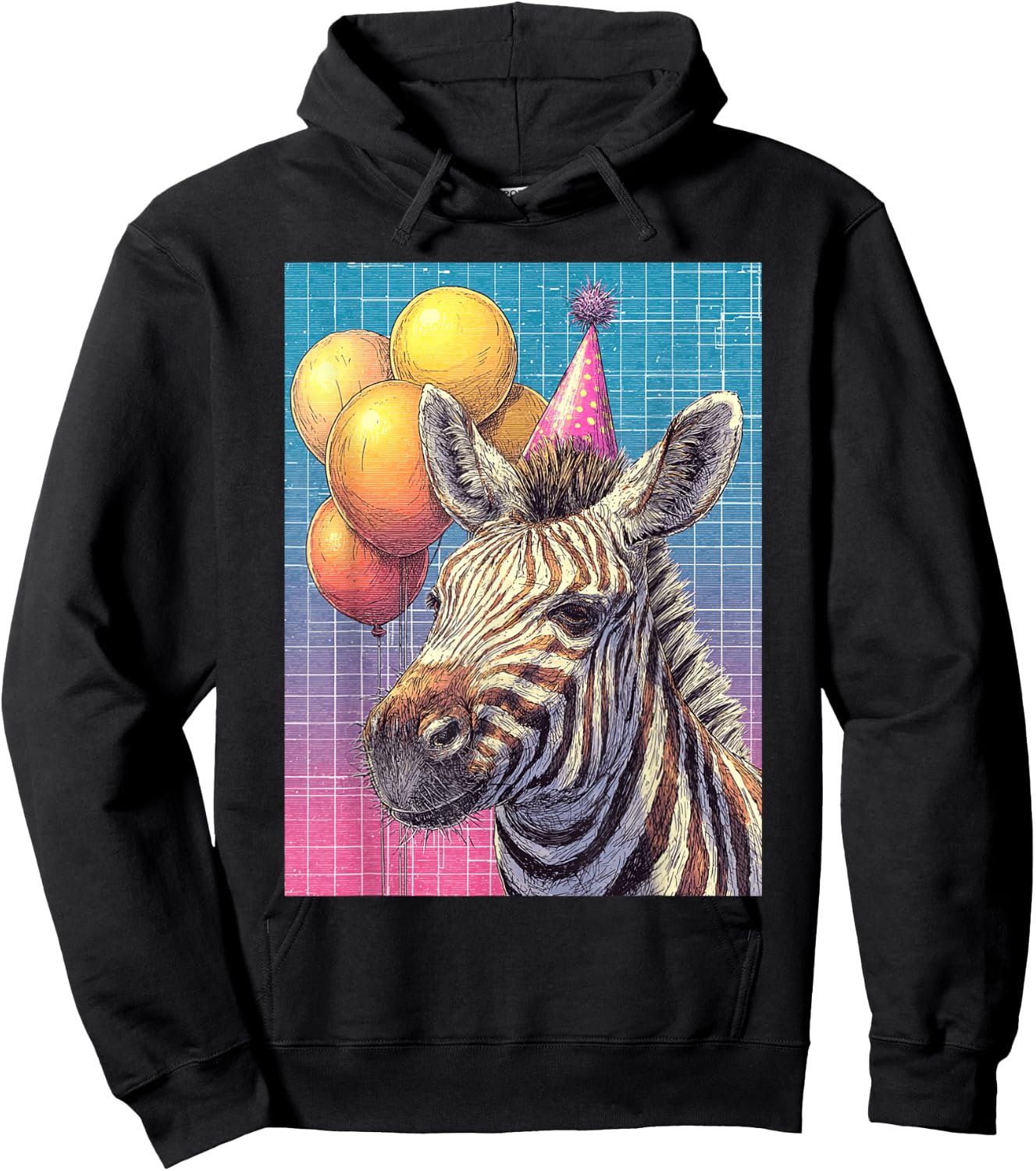 Zebra Synthwave Print Birthday Party Balloons & Party Hat Hoodie - Hoodie | Black