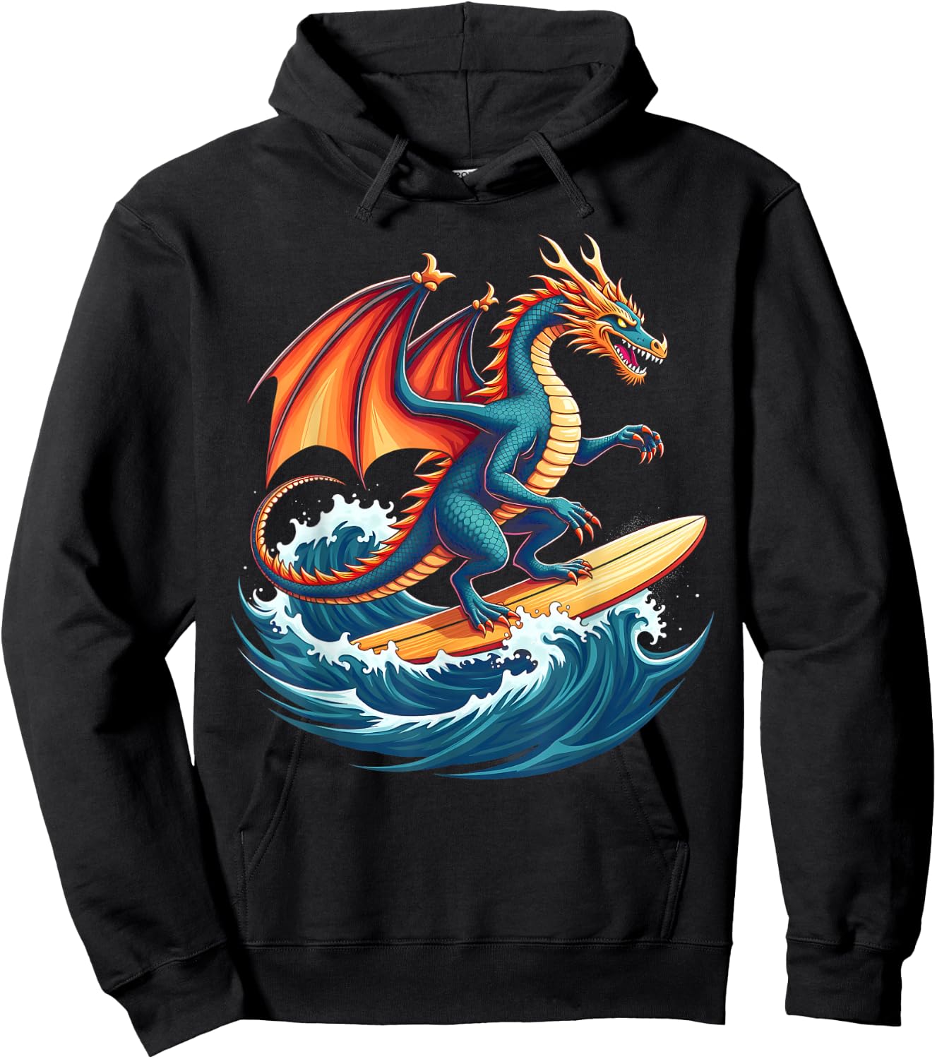 Fire Waves Dragon Surfer Mythical Surfing Beach Surfboarder Hoodie - Hoodie | Black