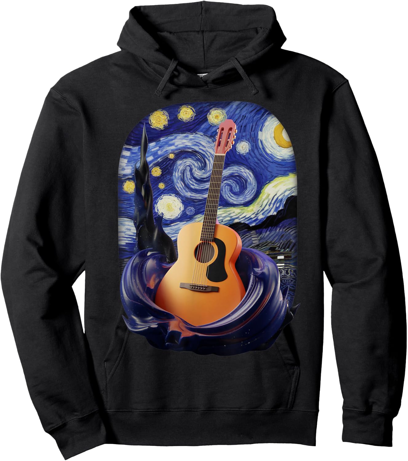 Starry Night Inspired Acoustic Guitar Art Hoodie - Hoodie | Black