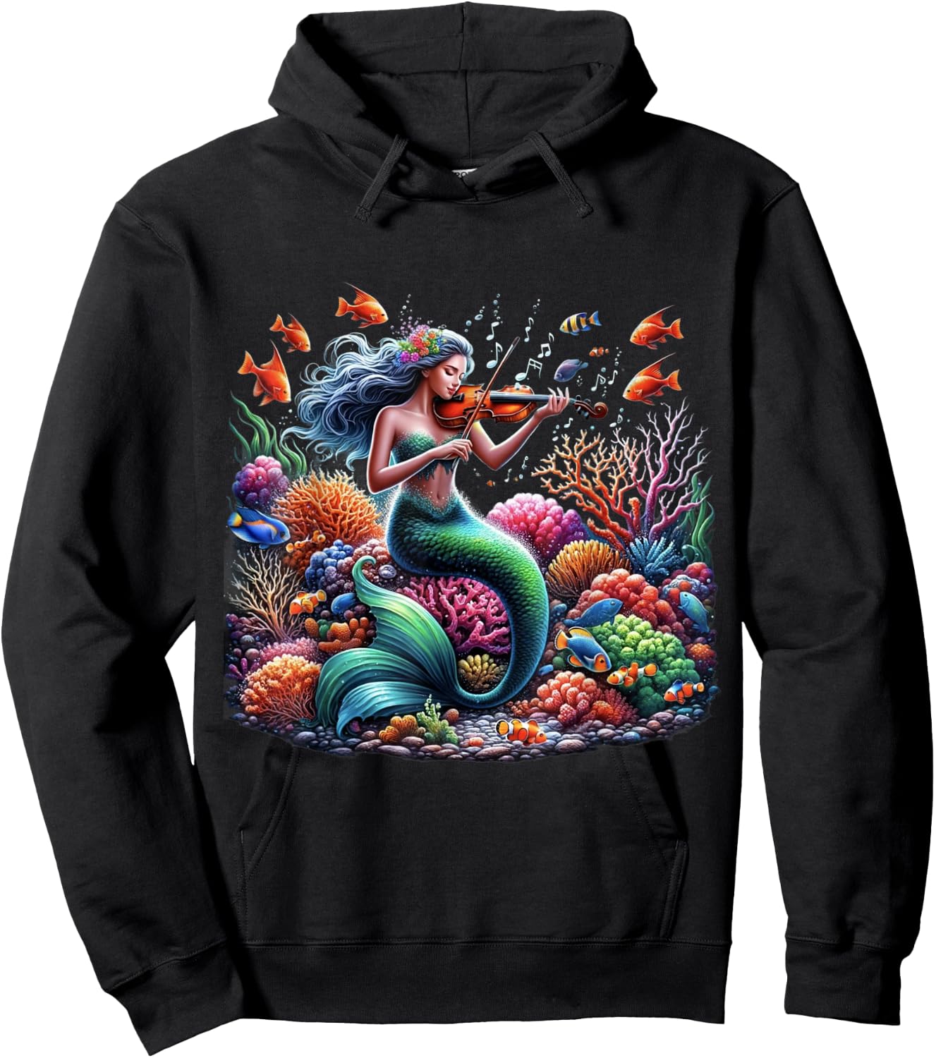 Mermaid With Violin Underwater Music Print Hoodie - Hoodie | Black