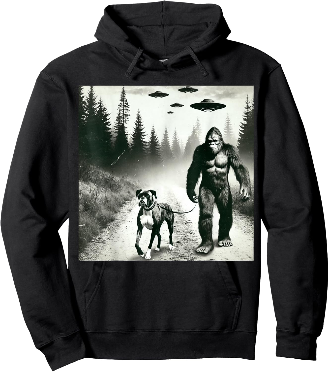 Funny Bigfoot Walking With Boxer Dog. Bigfoot And Dog UFO Hoodie - Hoodie | Black