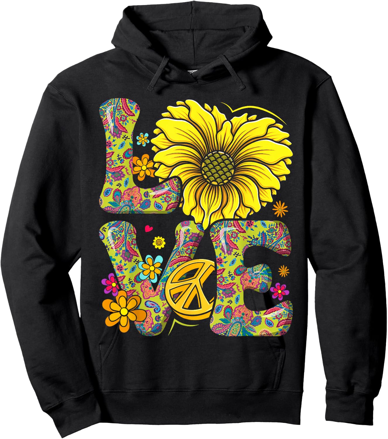 Flower Power Love Retro Hippie 60s 70s Peace , black Hoodie - Hoodie | Black