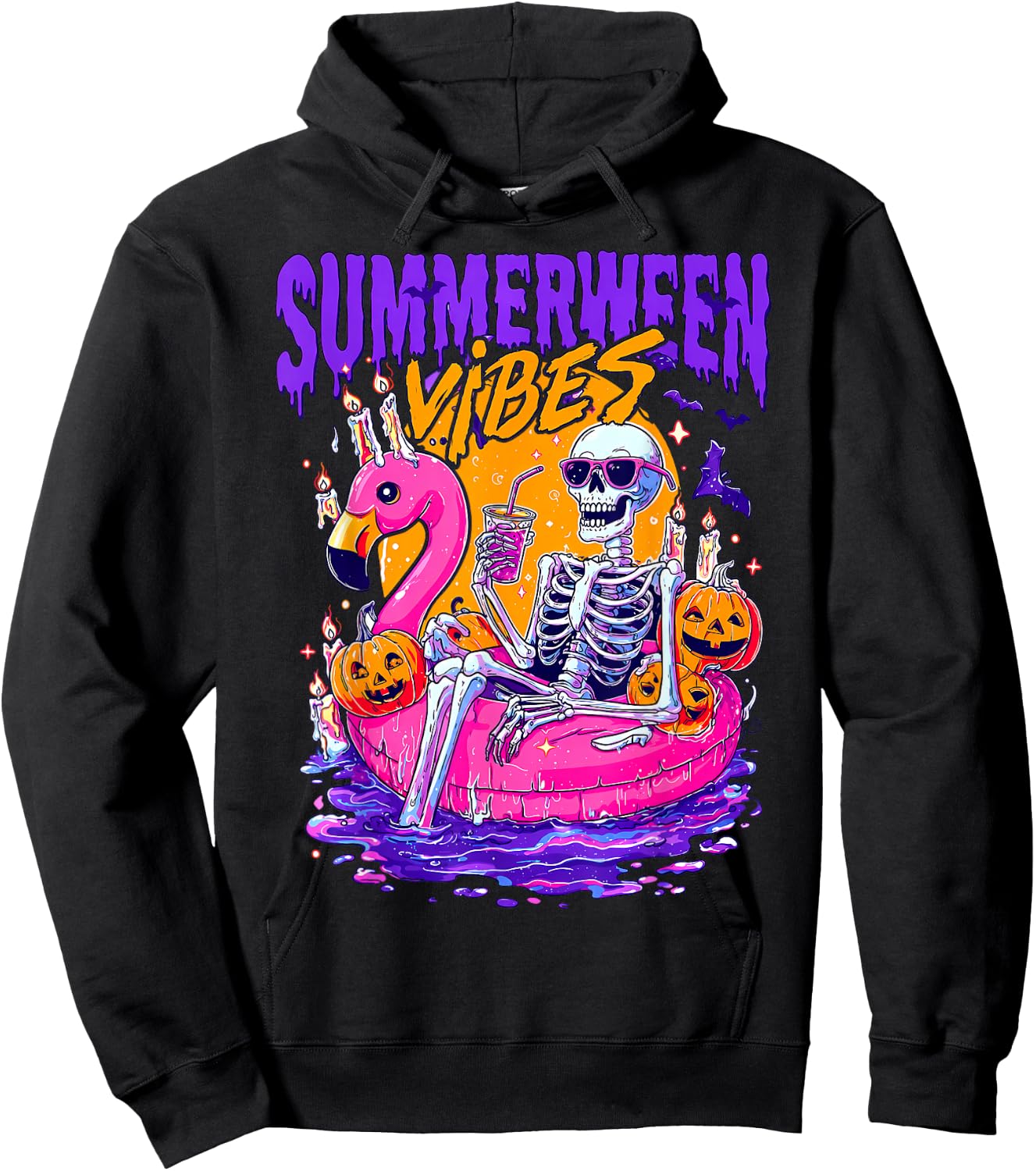 Summerween Funny Skeletons Halloween Floating Pool Pumpkin Hoodie - Hoodie | Black