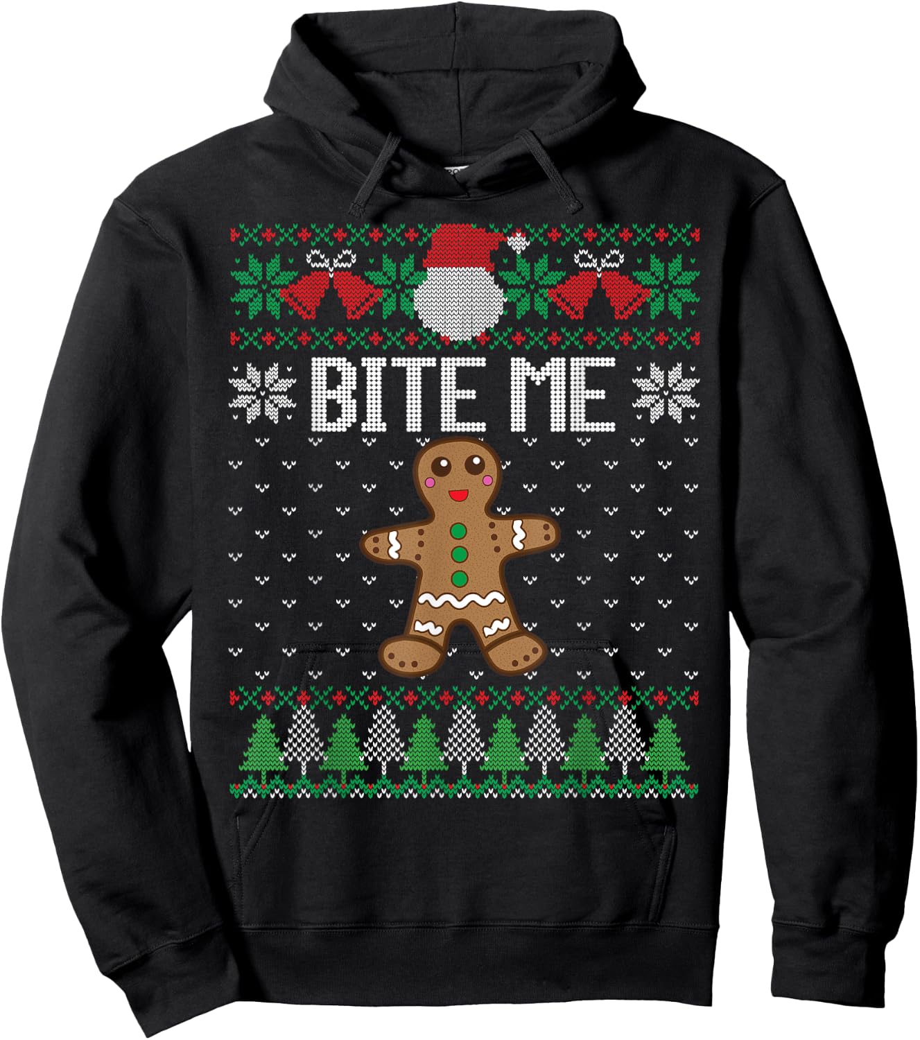 Funny Ugly Christmas Sweater Bite Me Gingerbread Man Hoodie - Hoodie | Black