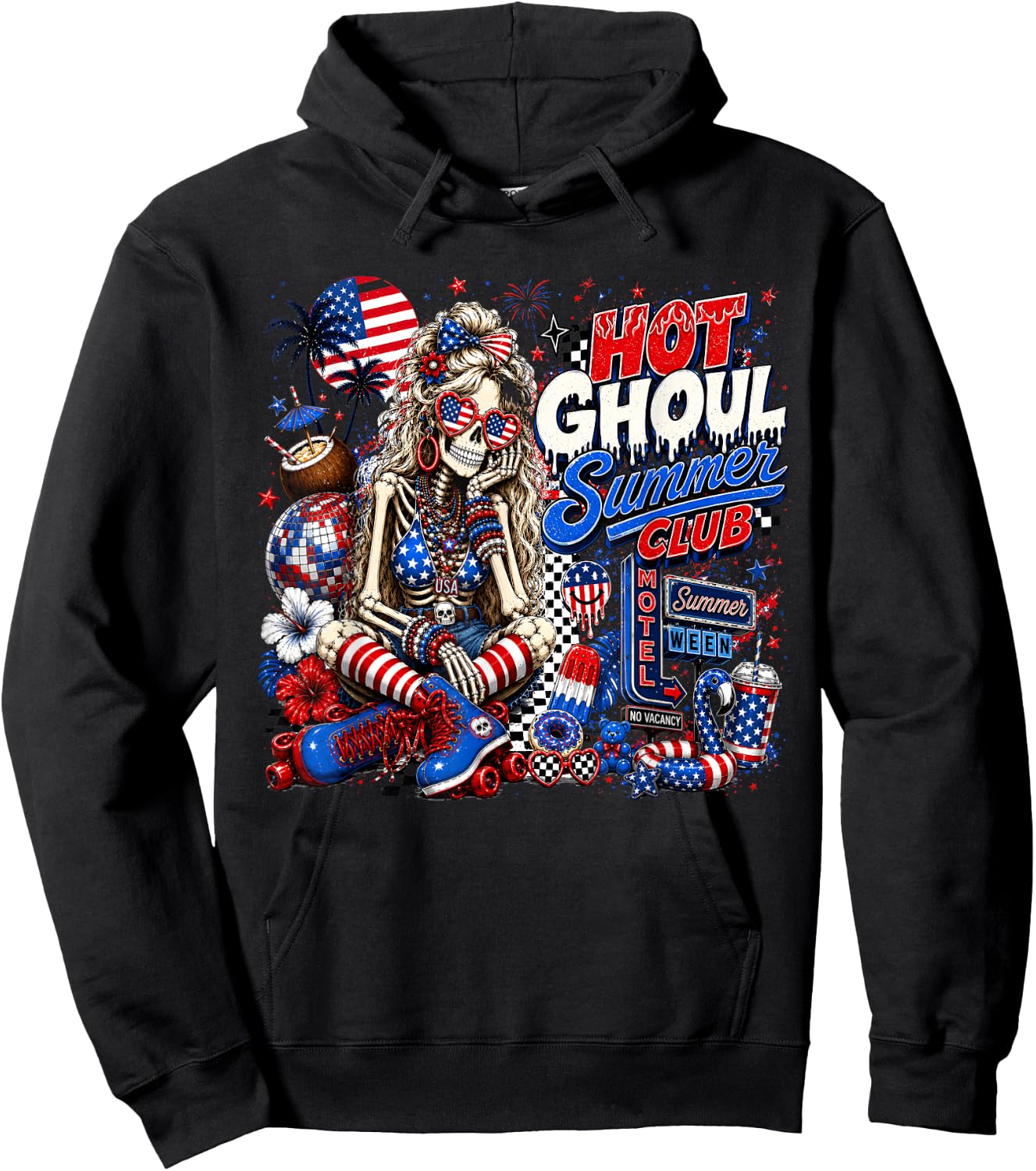 Hot Ghoul Summer Club, 4th of July Girl, Summerween Skeleton Hoodie - Hoodie | Black