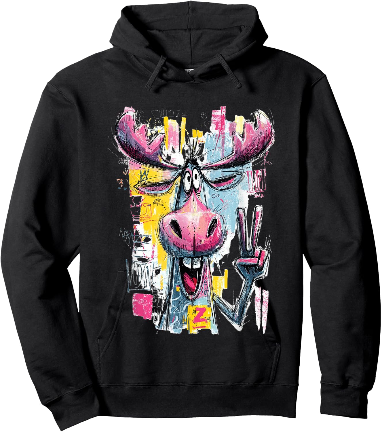 Funny Moose Peace Graffiti Pop Character Graphic Art Face Hoodie - Hoodie | Black