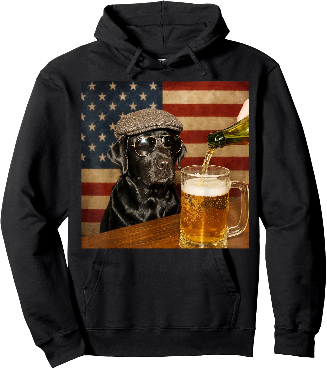 Black Lab Drinking Beer Funny Dog Glasses with Hat Meme Hoodie - Hoodie | Black
