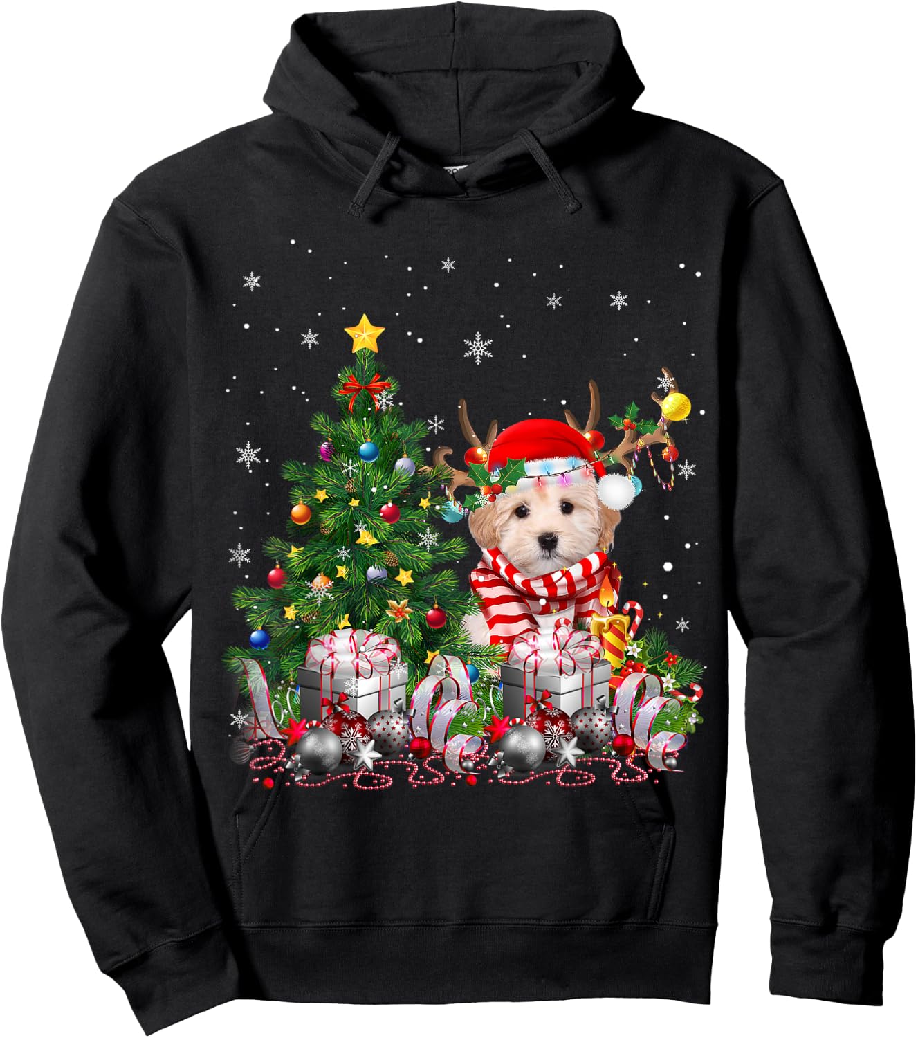 Maltipoo Dog Christmas Tree Lights Santa Pajamas Xmas Women Kids Hoodie - Hoodie | Black