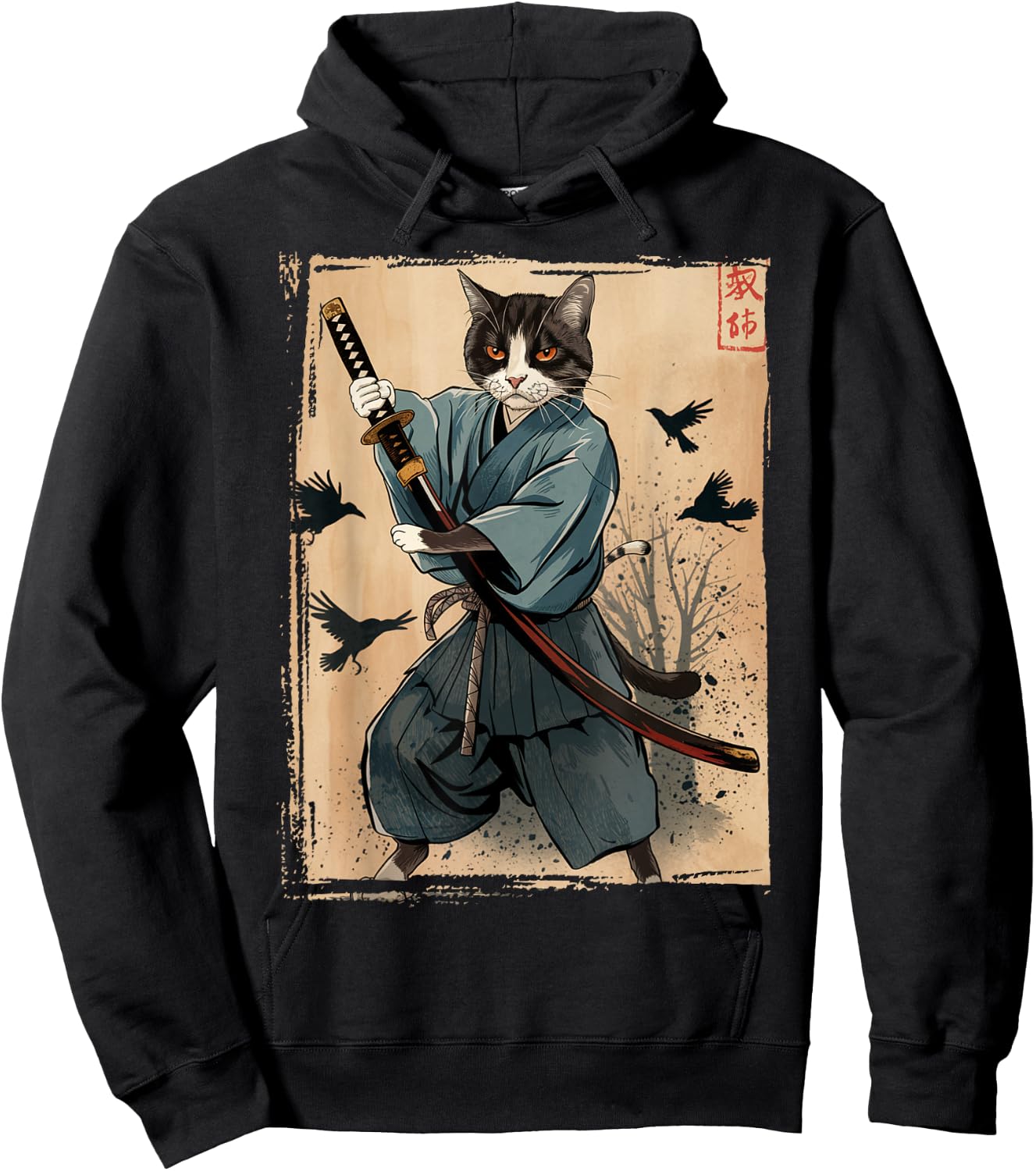 Samurai Cat Anime Cool Funny Graphic Women Kids Hoodie - Hoodie | Black