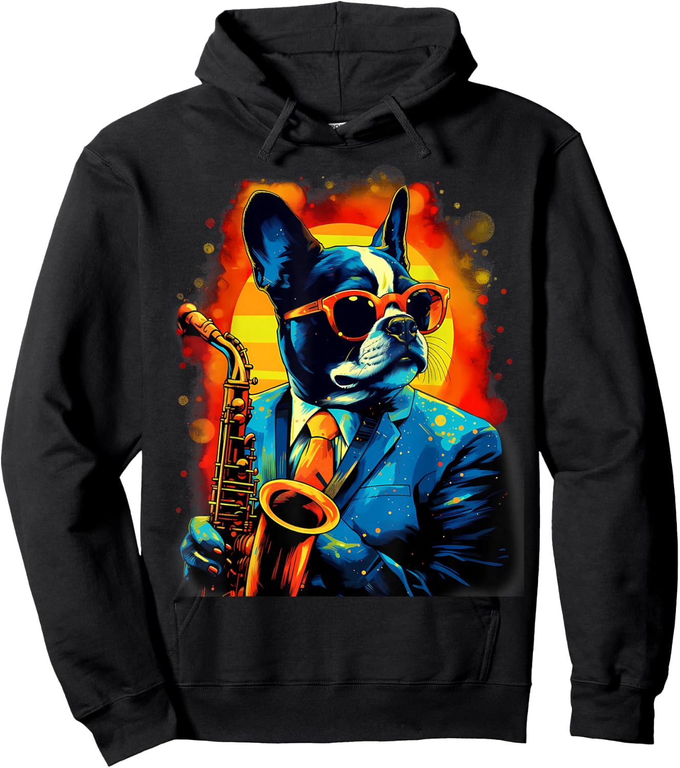 Jazz Musician Boston Terrier Dog Saxophone Hoodie - Hoodie | Black