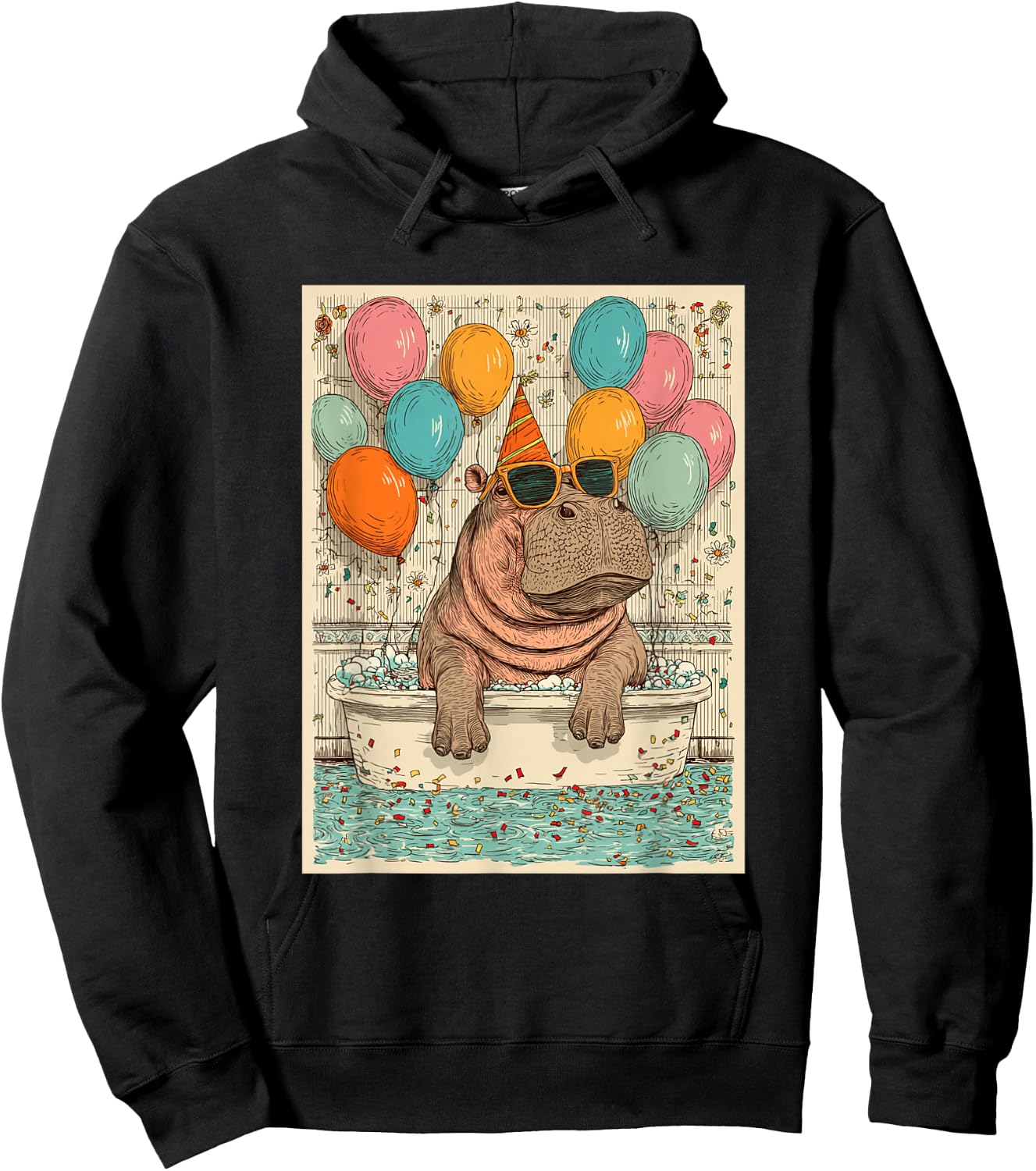 Hippo Birthday Party Balloons Bathtub Art Print Hoodie - Hoodie | Black