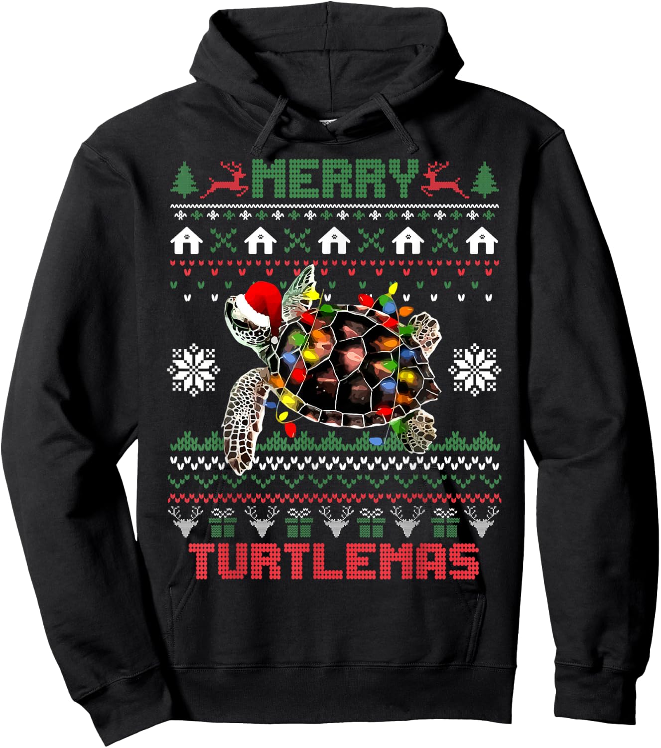 Merry Turtlemas Christmas Lights Cute Turtle Santa Hat Hoodie - Hoodie | Black