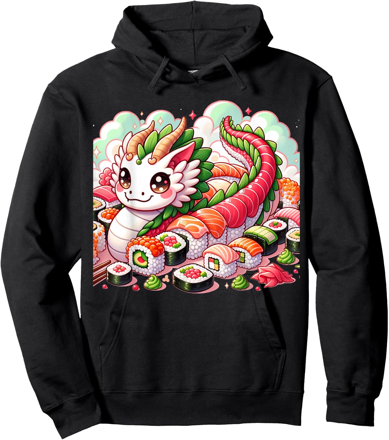 Pink Kawaii Sushi Dragon: Japanese Food & Anime Delights Hoodie - Hoodie | Black