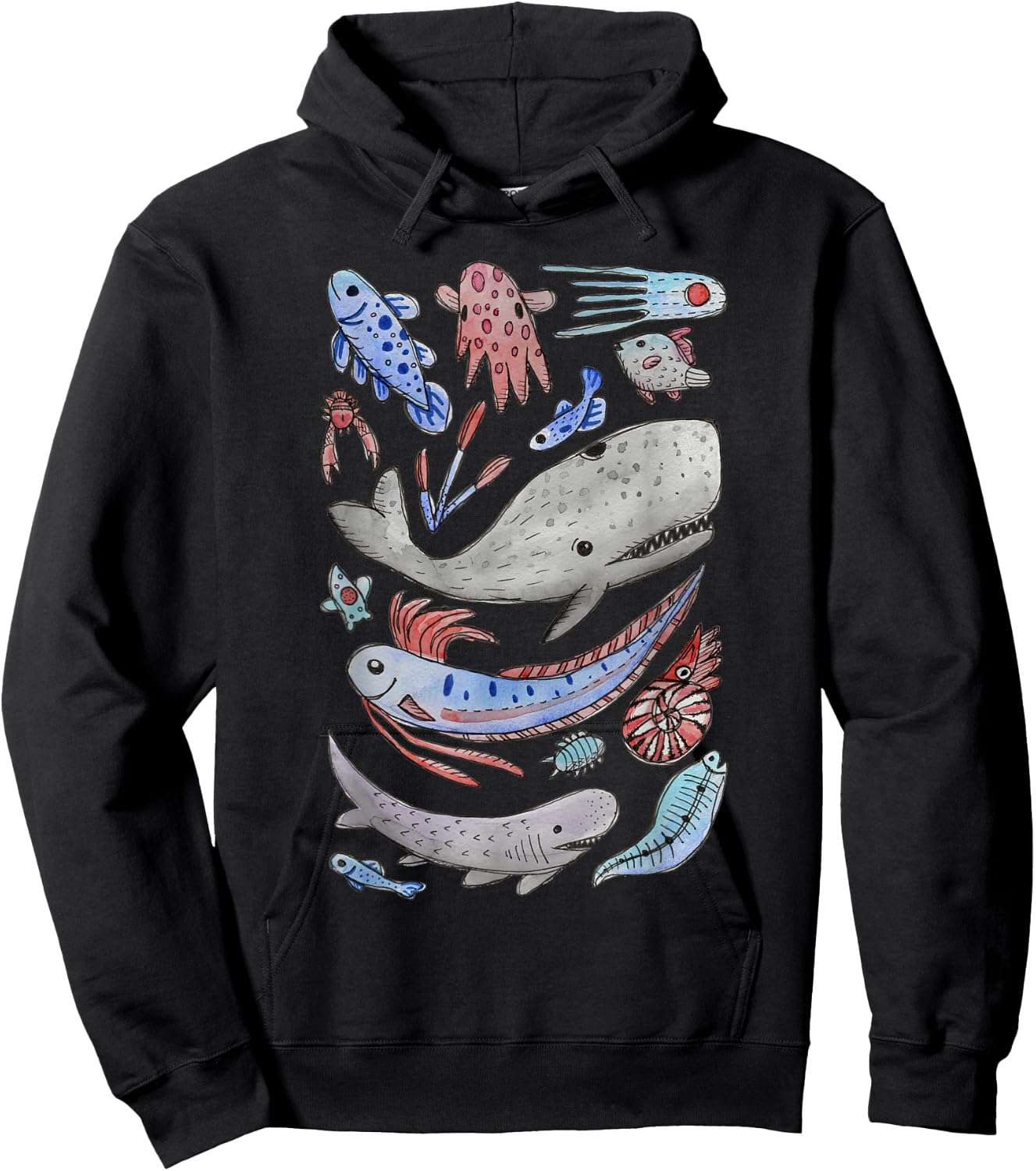 Deep Sea Ocean Creatures Oarfish Whale Shark Watercolor Hoodie - Hoodie | Black