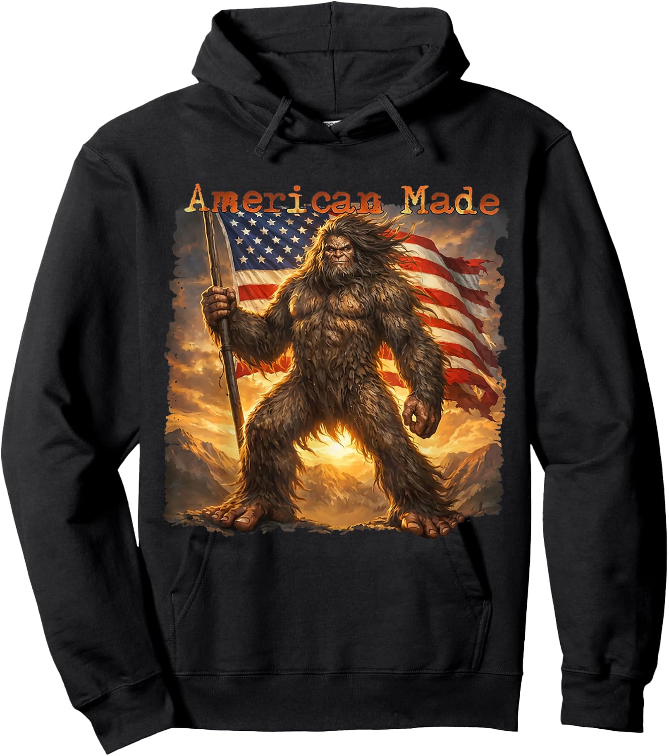 American Made Funny Bigfoot USA Flag Retro Hoodie - Hoodie | Black