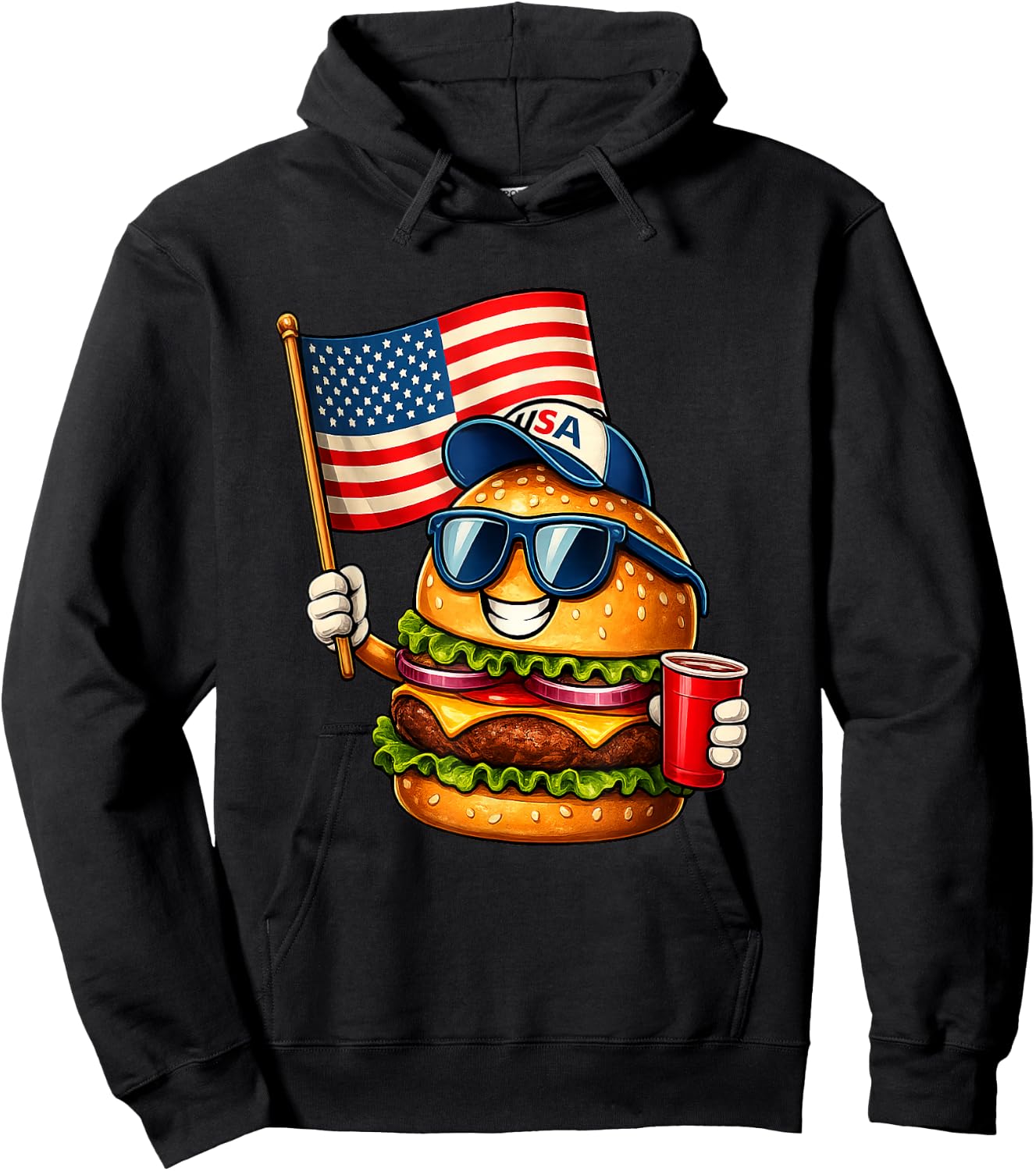 Funny 4th of July Burger Patriotic USA Flag BBQ Hoodie - Hoodie | Black