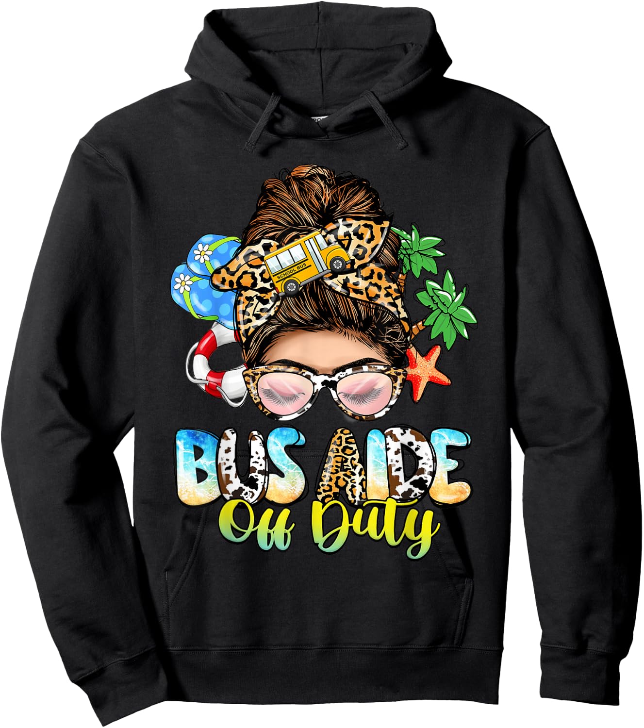 Buses Consultant Messy Bun Leopard Last Day of School Hoodie - Hoodie | Black