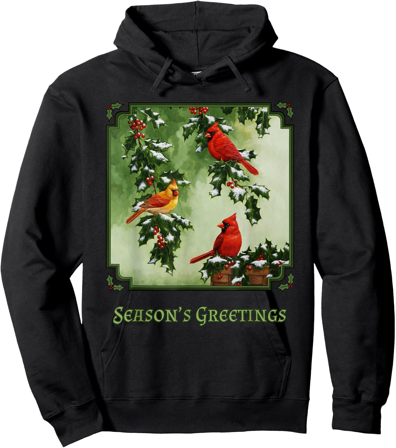 Red Cardinal Birds Christmas Holly Berries Leaves Snow Hoodie - Hoodie | Black