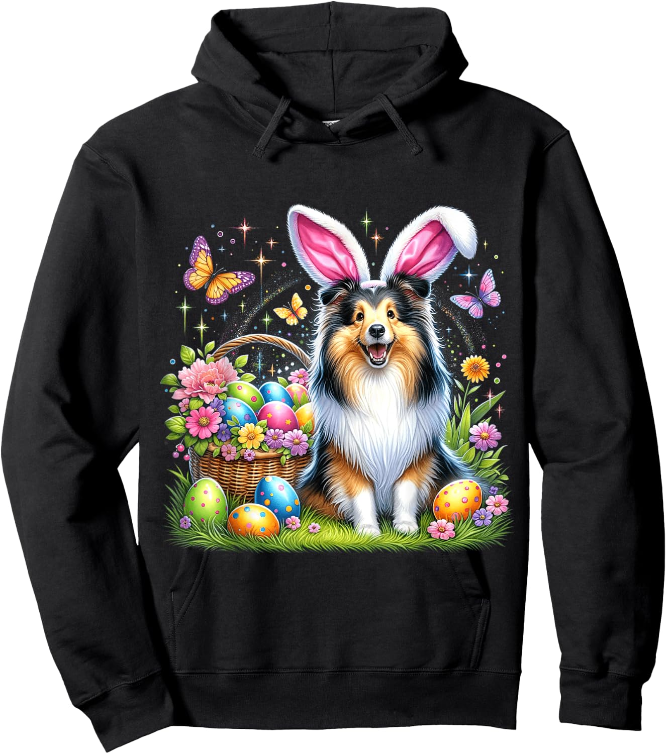 Cute Bunny Shetland Sheepdog Dog Easter Eggs Basket Party Hoodie - Hoodie | Black