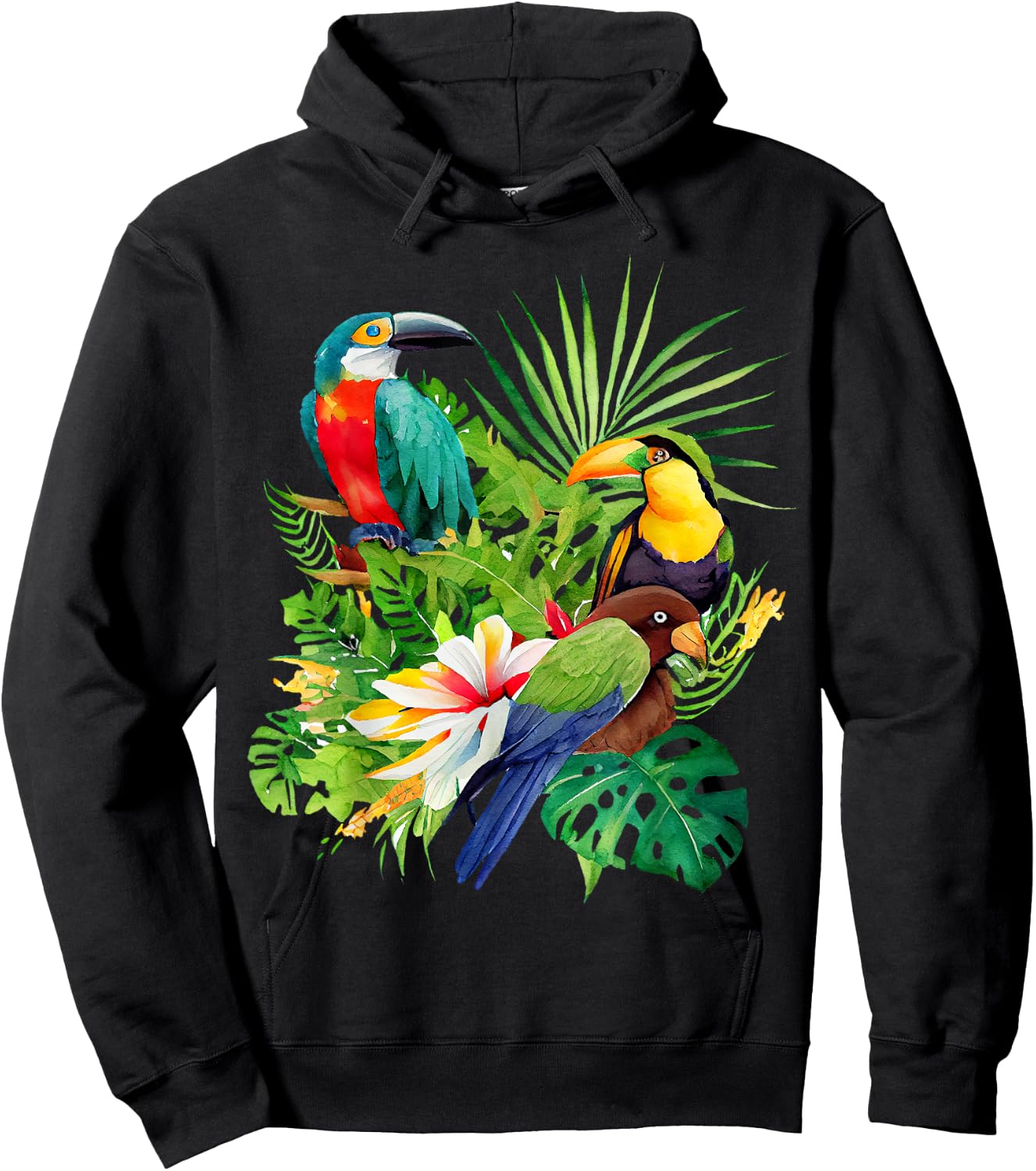 Tropical Bird Rainforest Jungle Green Flowers , black Hoodie - Hoodie | Black