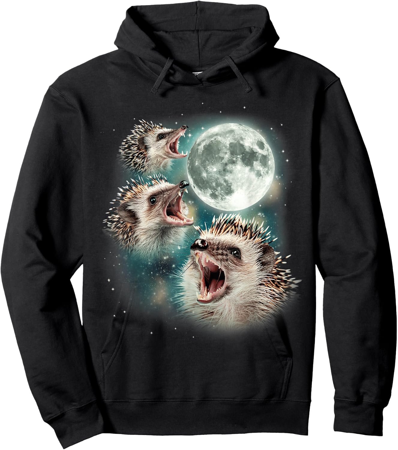 Three Hedgehog Moon | 3 Hedgies Funny Weird Cursed Meme , black, S Hoodie - Hoodie | Black