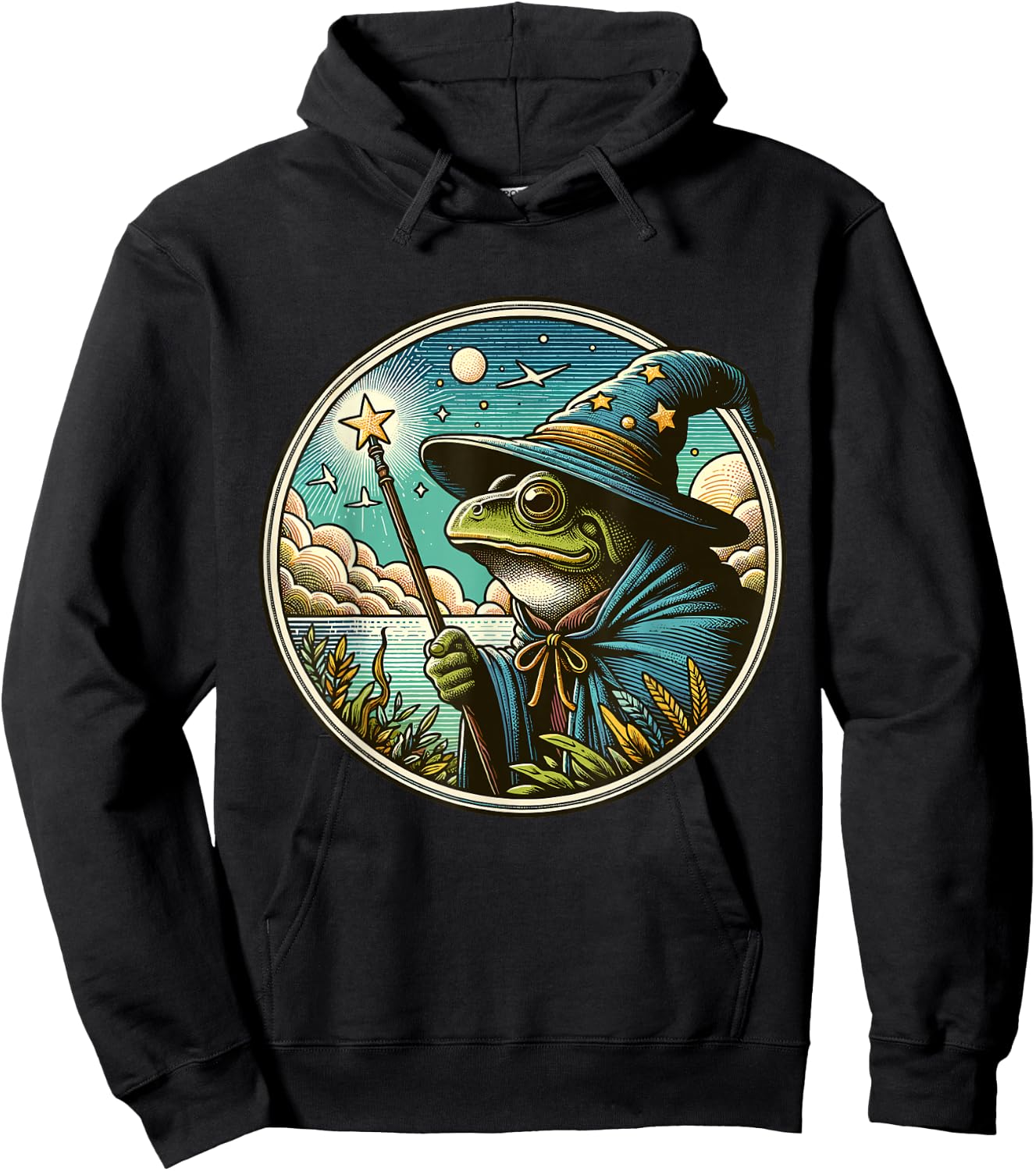 Whimsical Frog Wizard Hoodie - Hoodie | Black