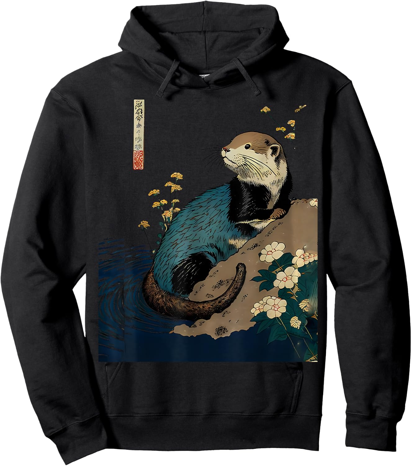 Floral Otter Water Japanese Art Print Hoodie - Hoodie | Black