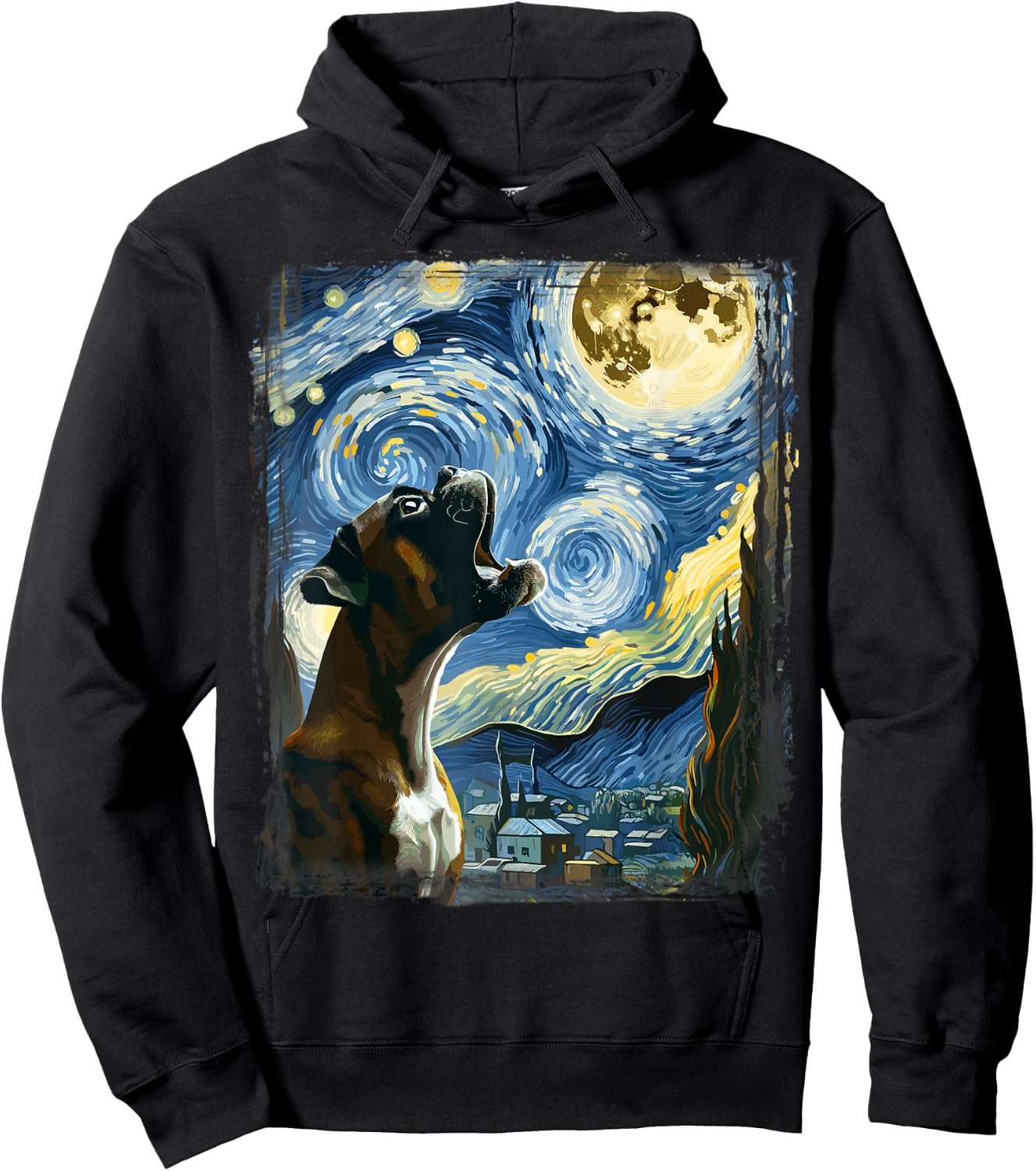 Boxer Dog Moonlit Canine Art Van Gogh Starry Night Boxer Hoodie - Hoodie | Black