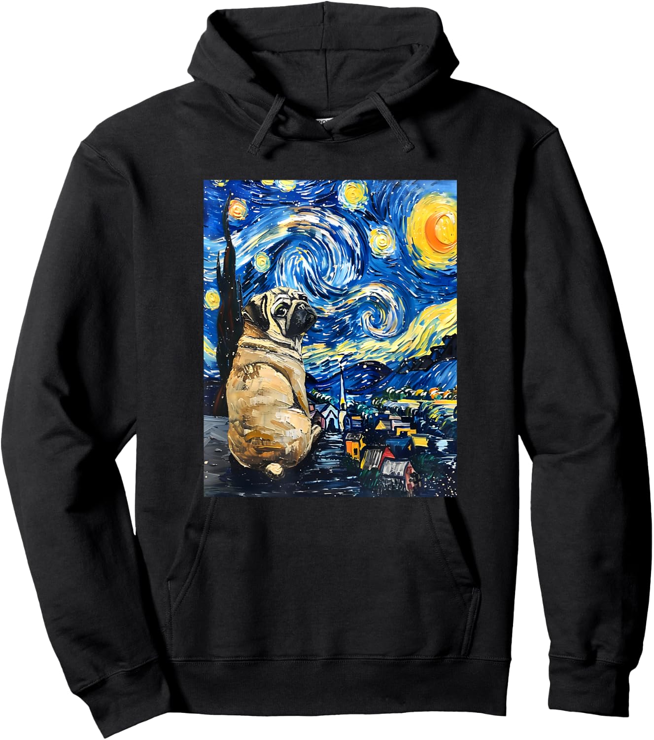 Cute Van Gogh Pug Starry Night Funny Dog Women Men Hoodie - Hoodie | Black