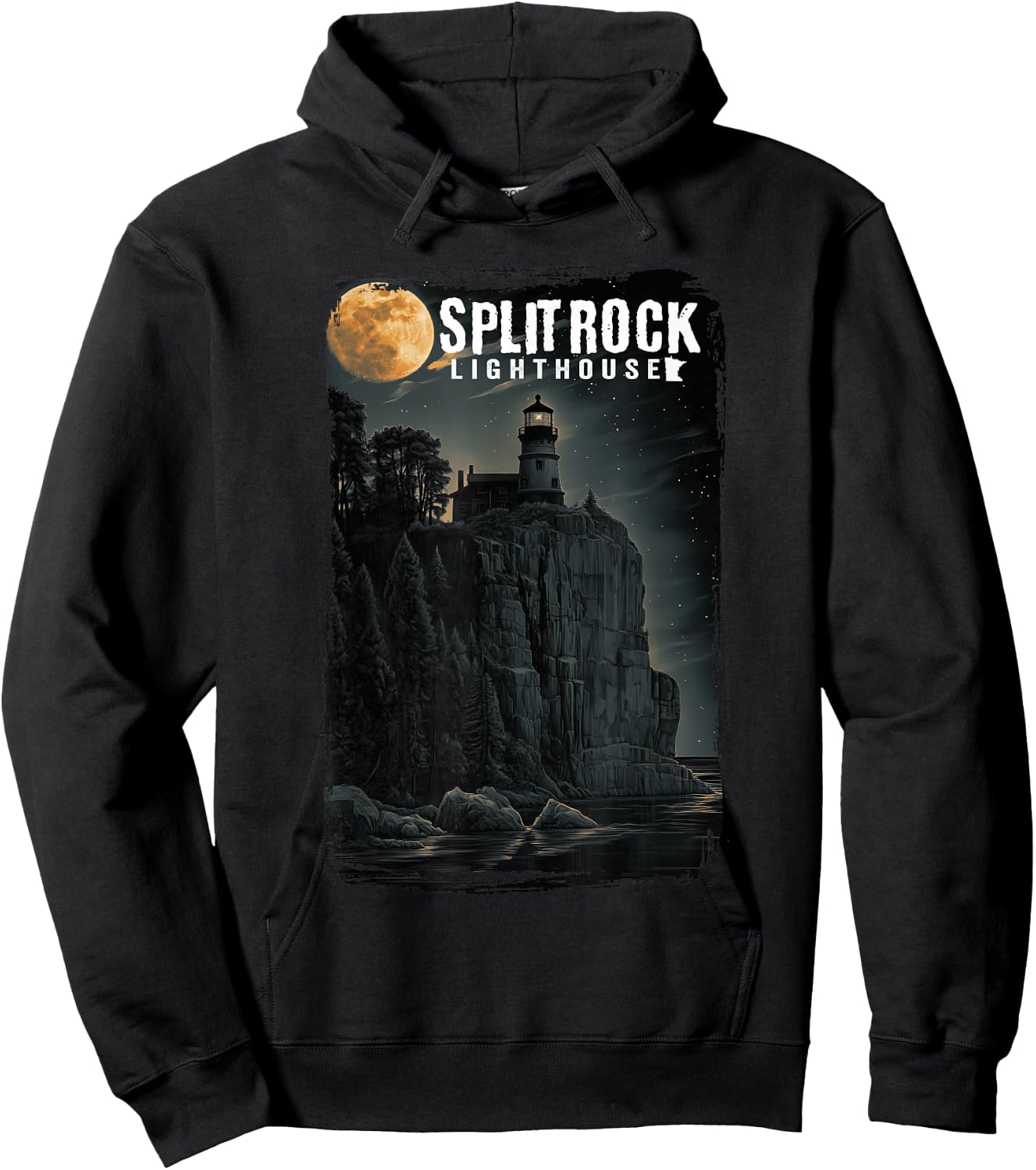 Moon Night Classic Split Rock Lighthouse Minnesota Hoodie - Hoodie | Black