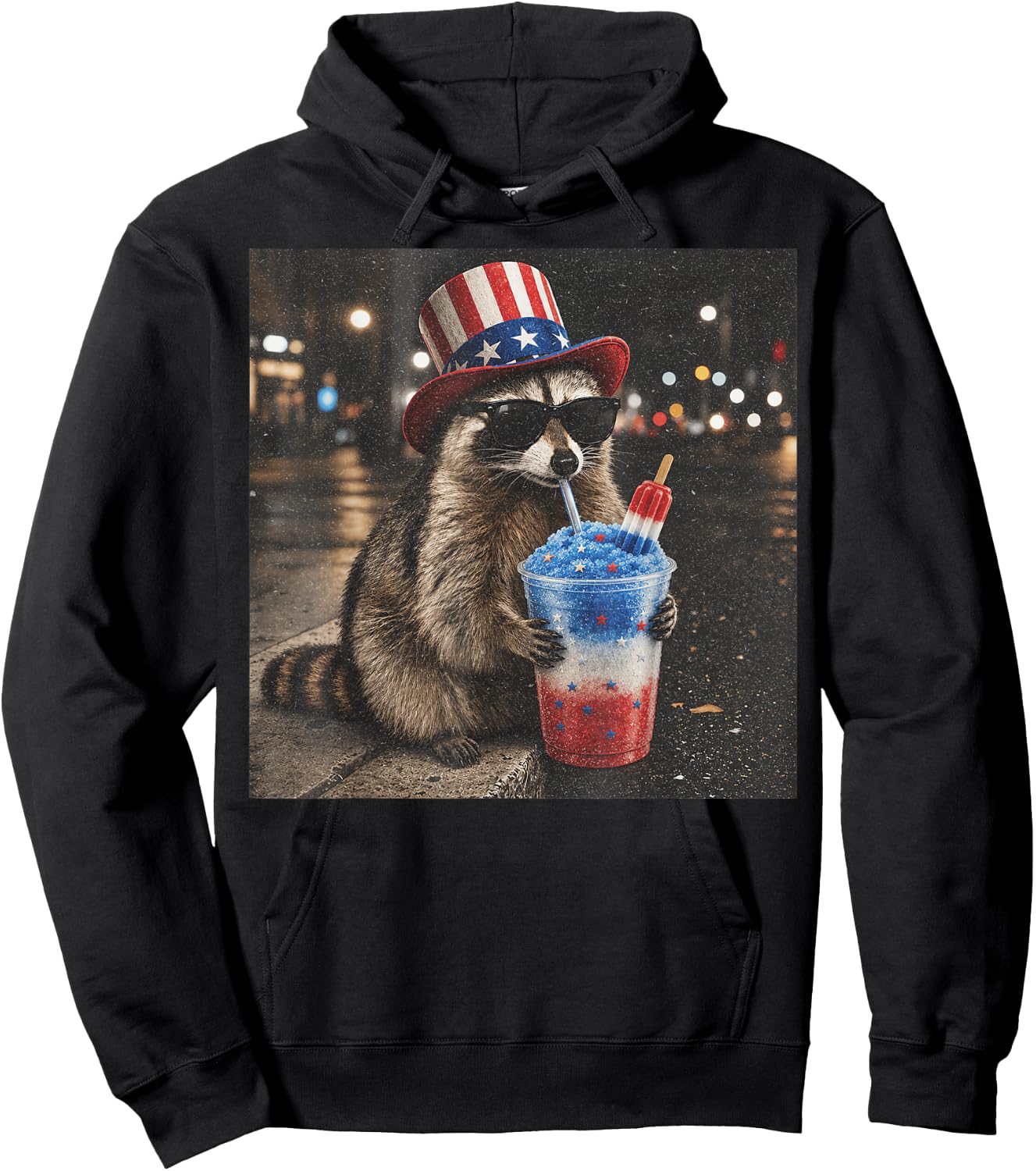 4th of July Raccoon Drinking Red White Blue Slushie Popsicle Hoodie - Hoodie | Black