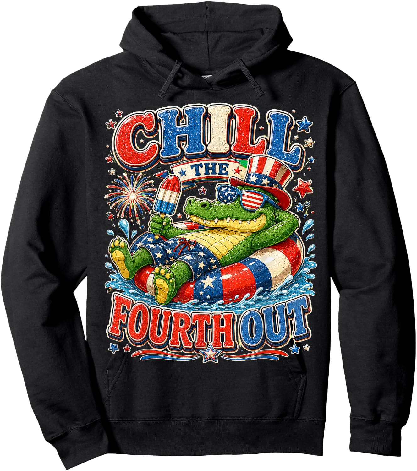 Chill The Fourth Out Alligator Funny 4th of July Gator Hoodie - Hoodie | Black