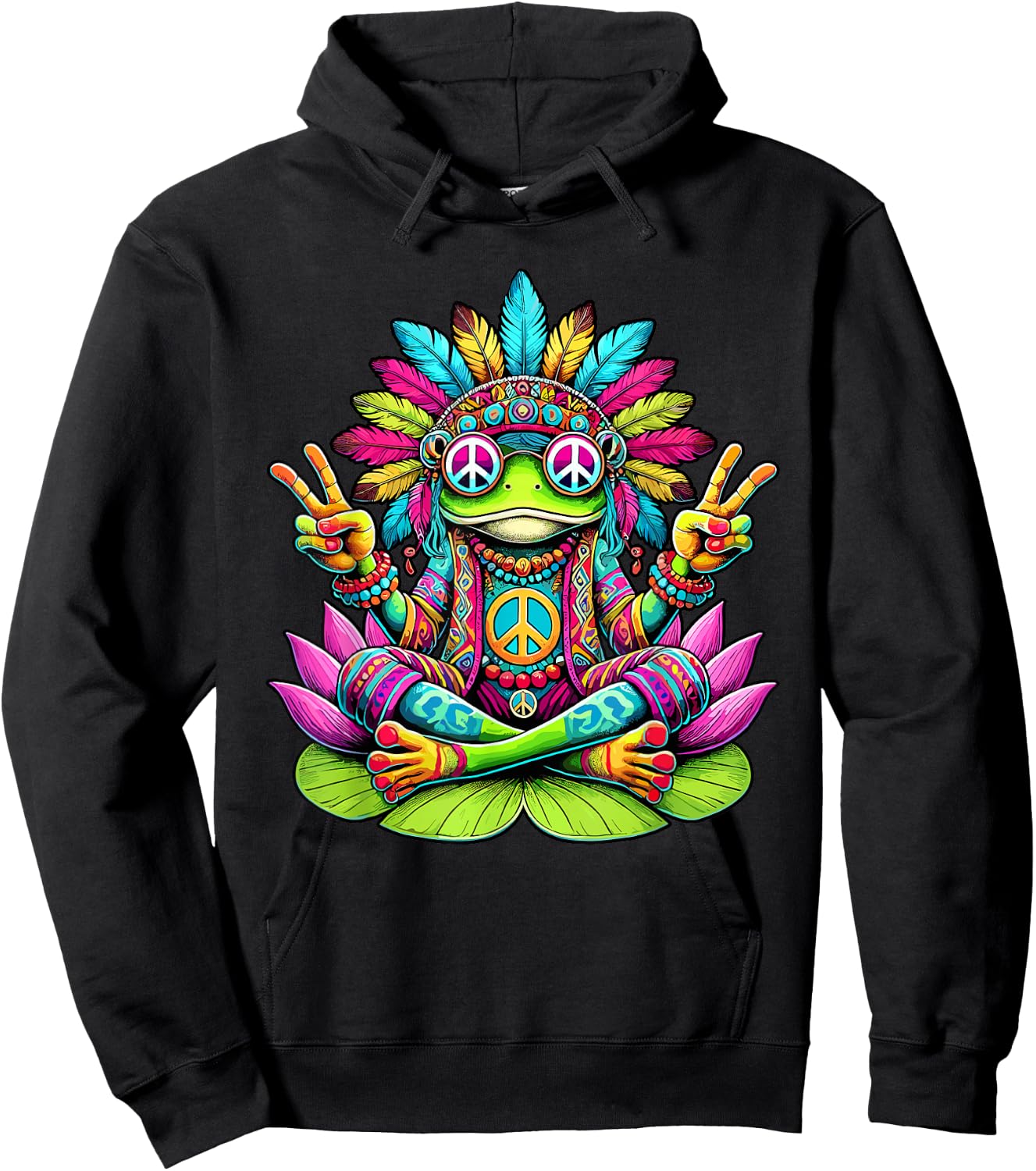 Hippie Frog, Peace Sign, 70s Party & 60s Costume, Sunglasses , black Hoodie - Hoodie | Black