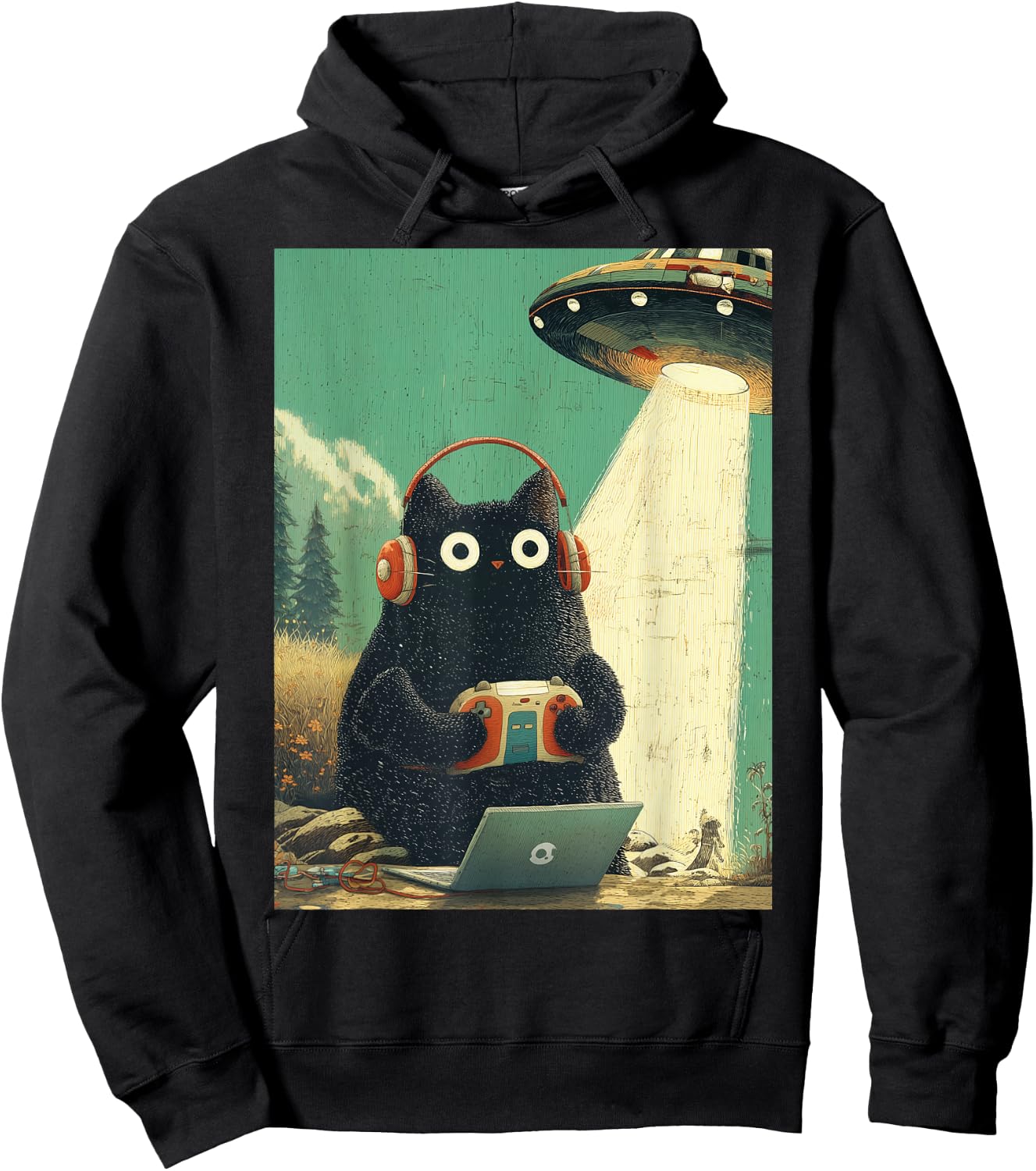 Vintage Japanische Katze Gamer Videospiele Abduktion UFO Anime Hoodie - Hoodie | Black