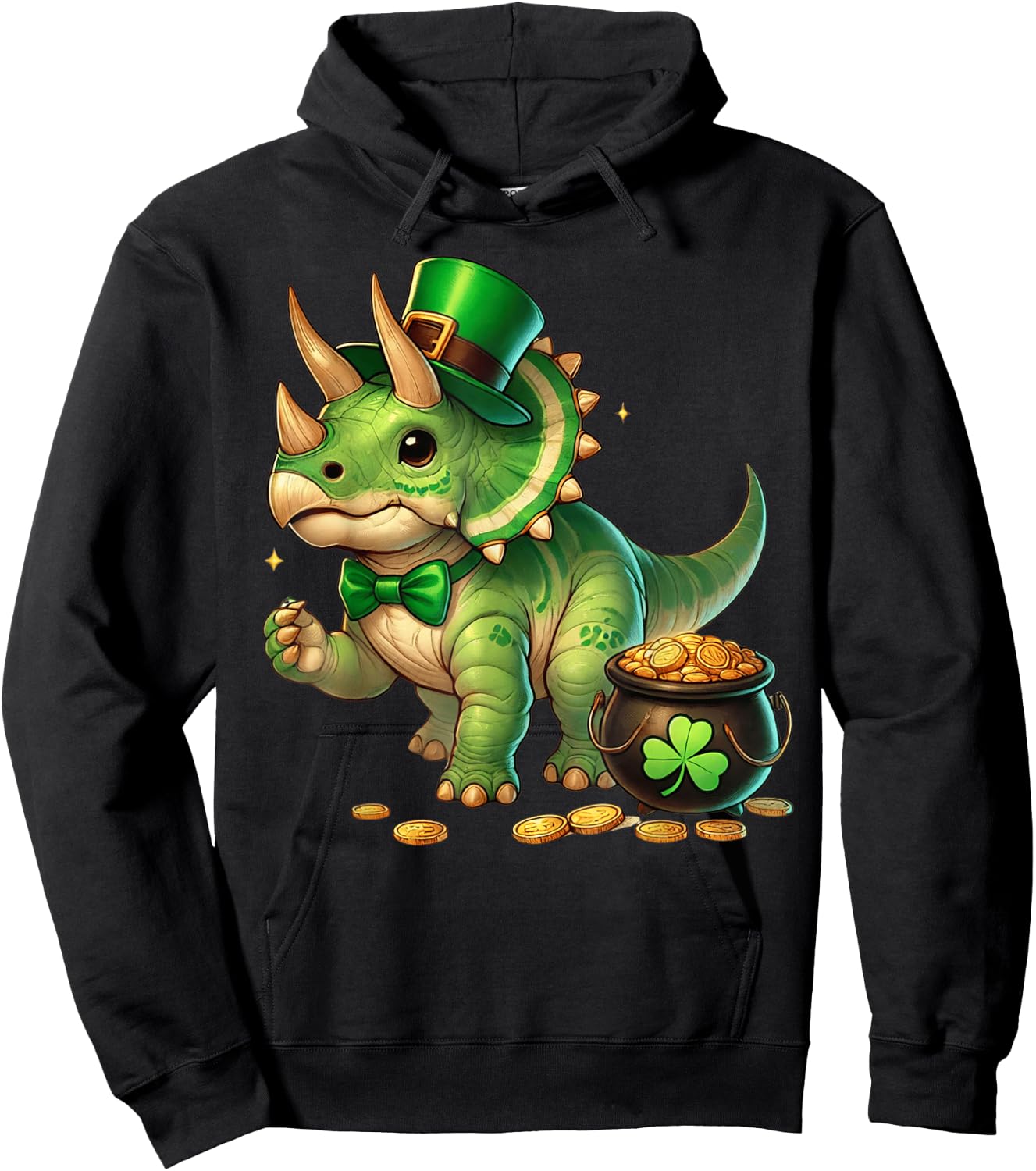 Triceratops Leprechaun St Patricks Day Shamrock Cute Kids Hoodie - Hoodie | Black