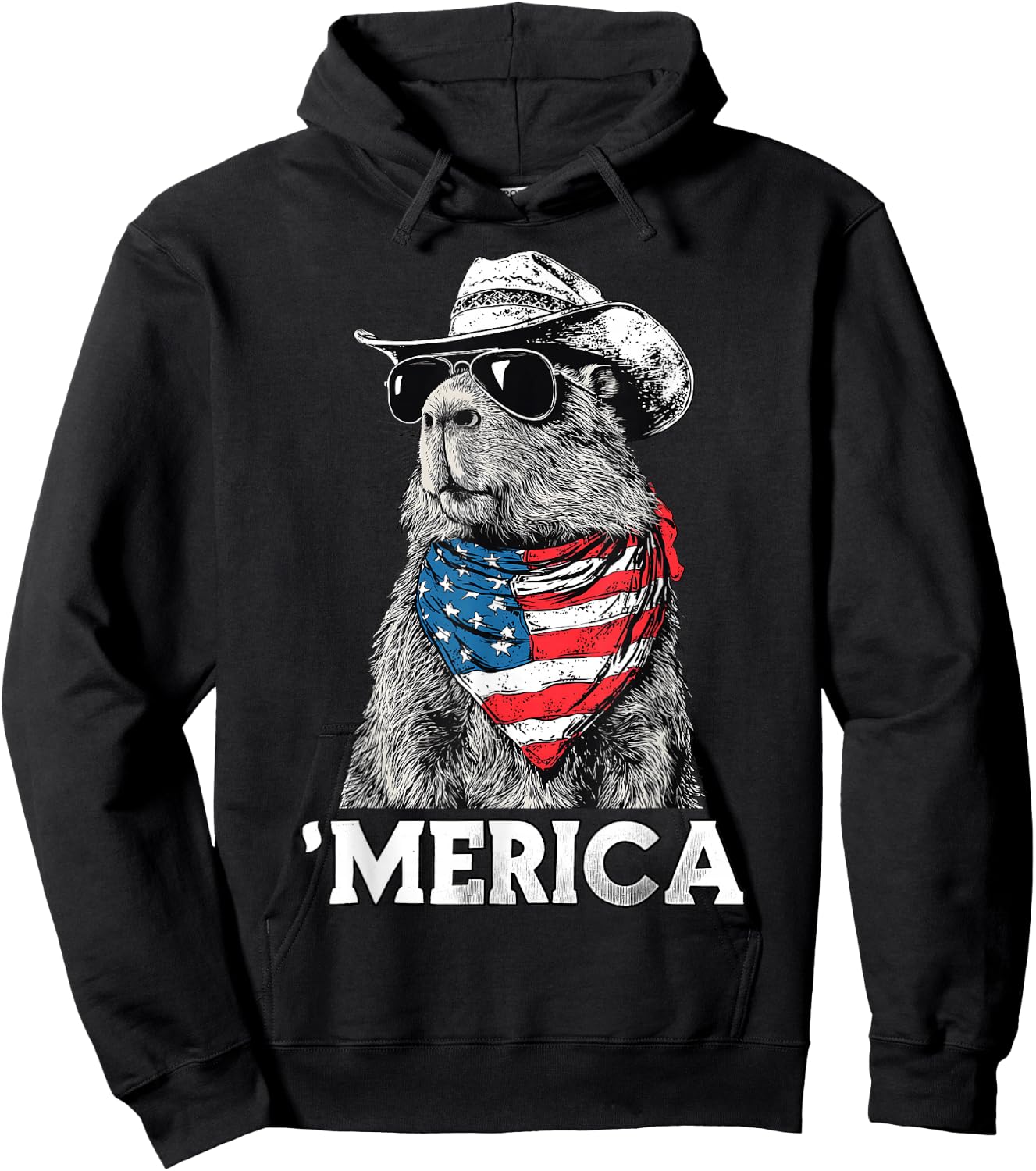 Capybara Sunglasses American Flag Bandana Cowboy Hat Country Hoodie - Hoodie | Black