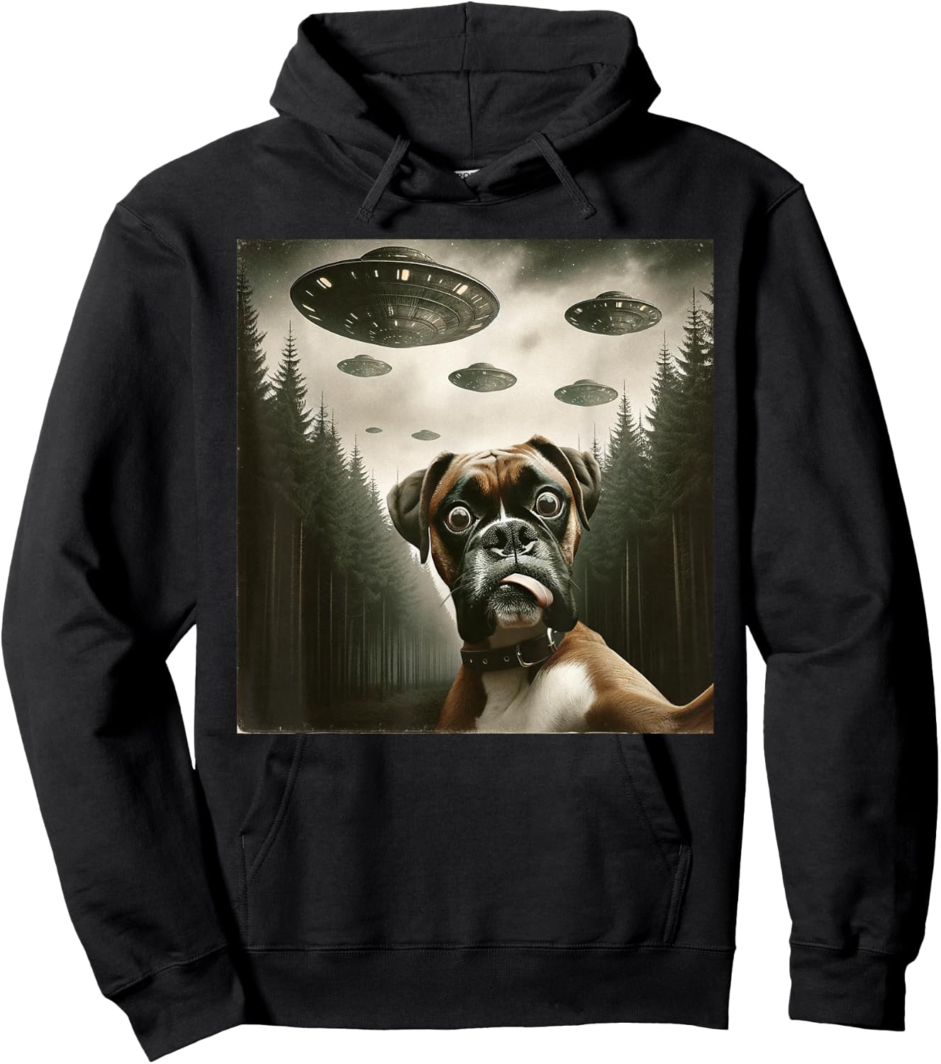 Funny Boxer Dog Selfie with UFOs Alien Dog Hoodie - Hoodie | Black