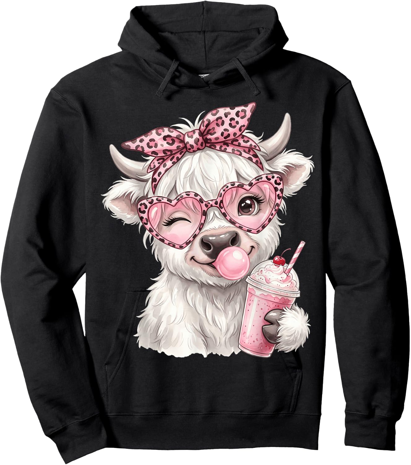 Scottish Highland Cow Eating Bubblegum Hoodie - Hoodie | Black