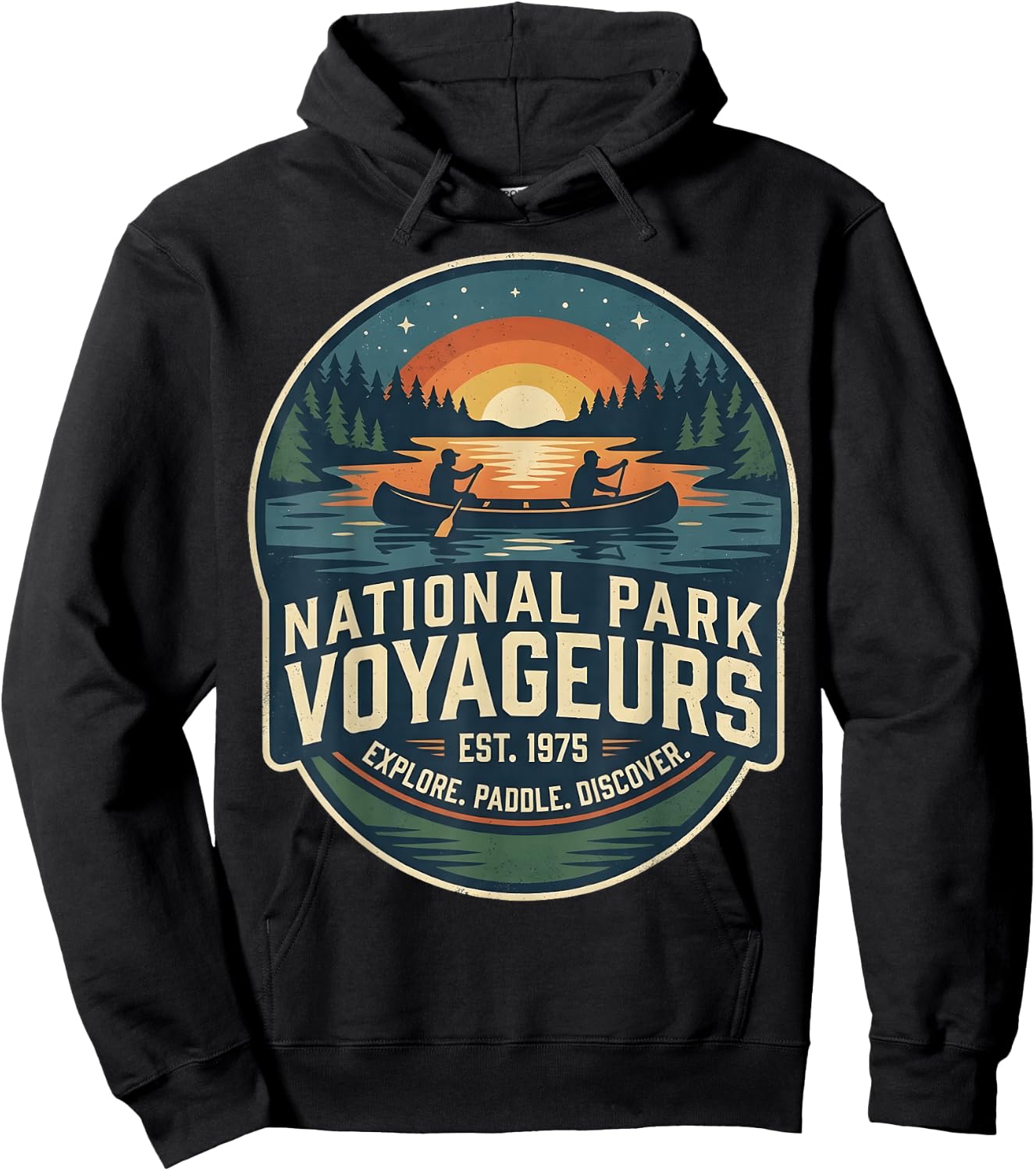 National Park Voyageurs Retro Sunset Canoe Paddling Badge Hoodie - Hoodie | Black