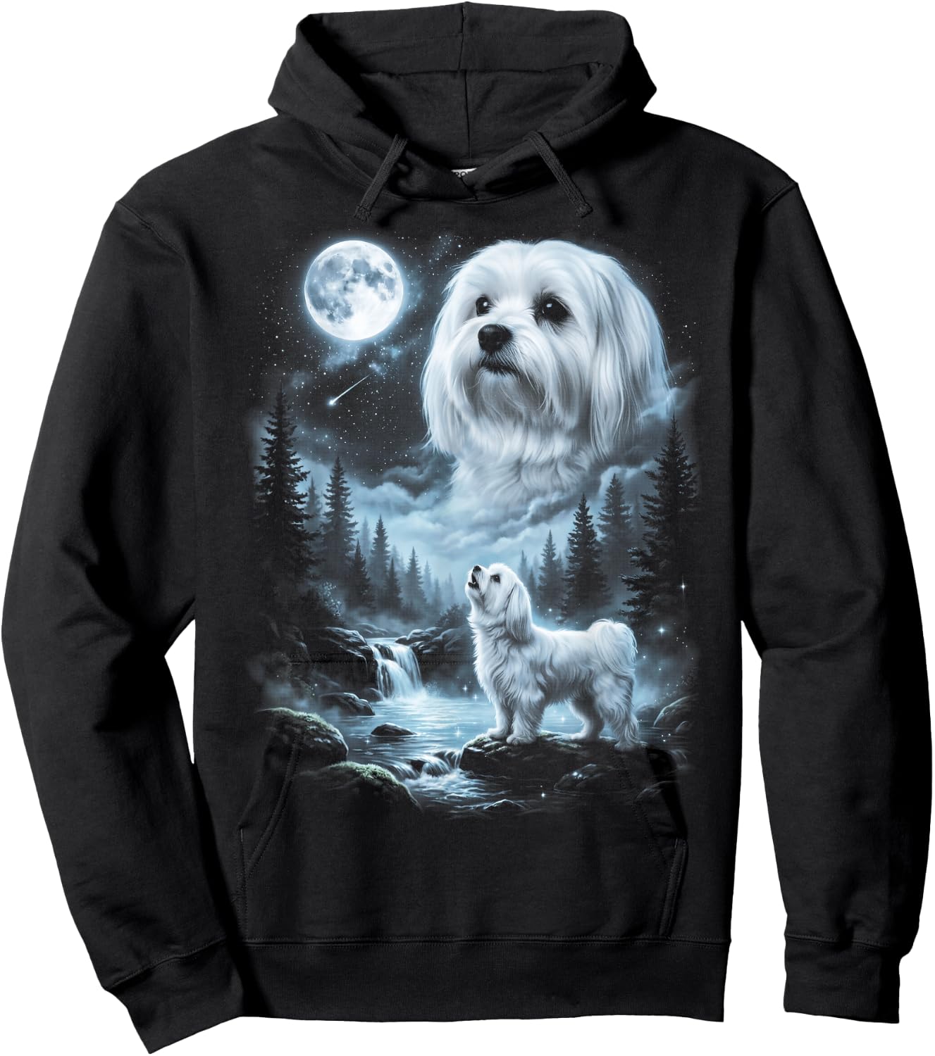 Maltese Howling to the Moon Retro 90's Dog Hoodie - Hoodie | Black