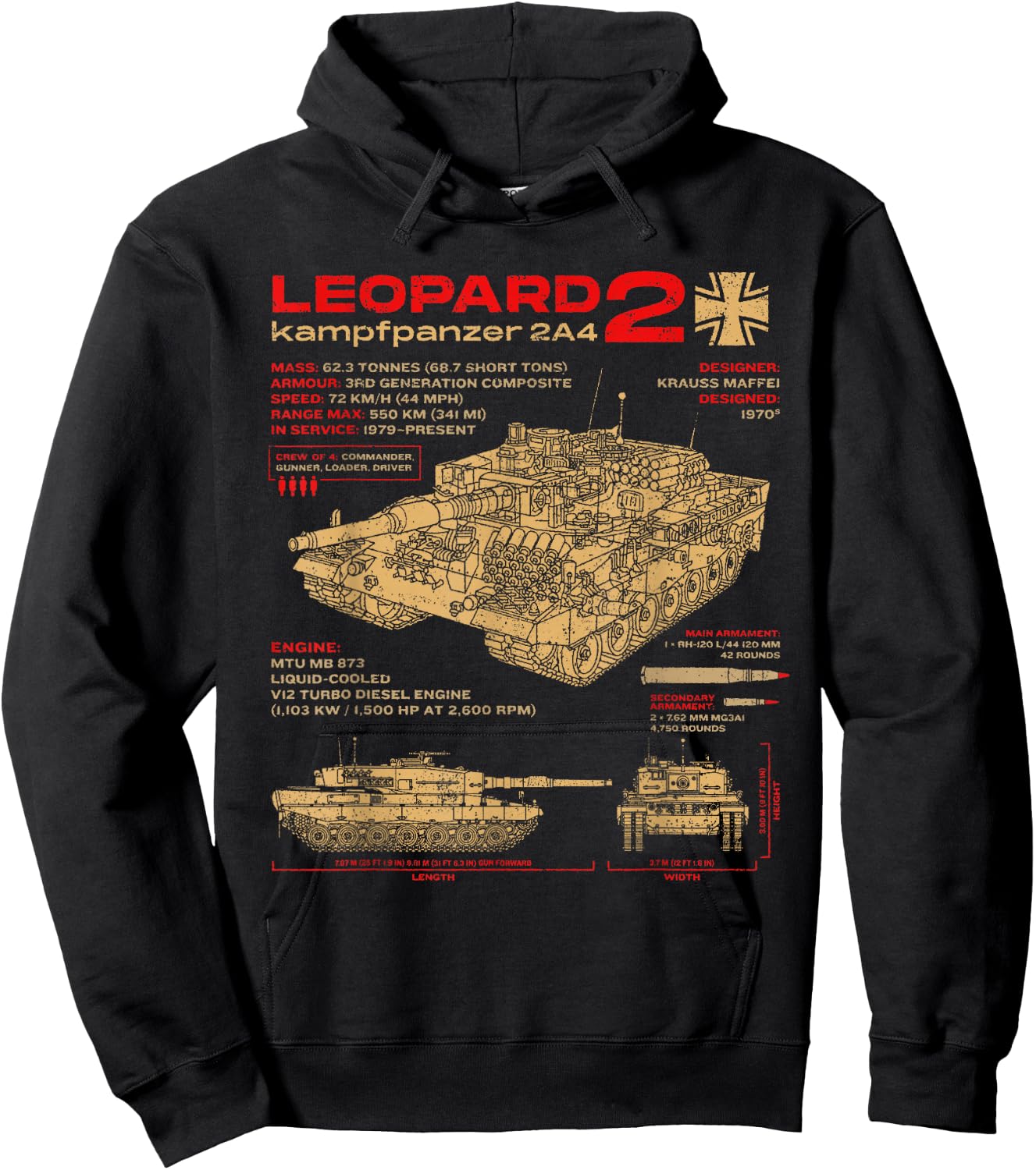 Leopard 2 2A4 Panzer Panzer Fahrzeug Blueprint Hoodie - Hoodie | Black